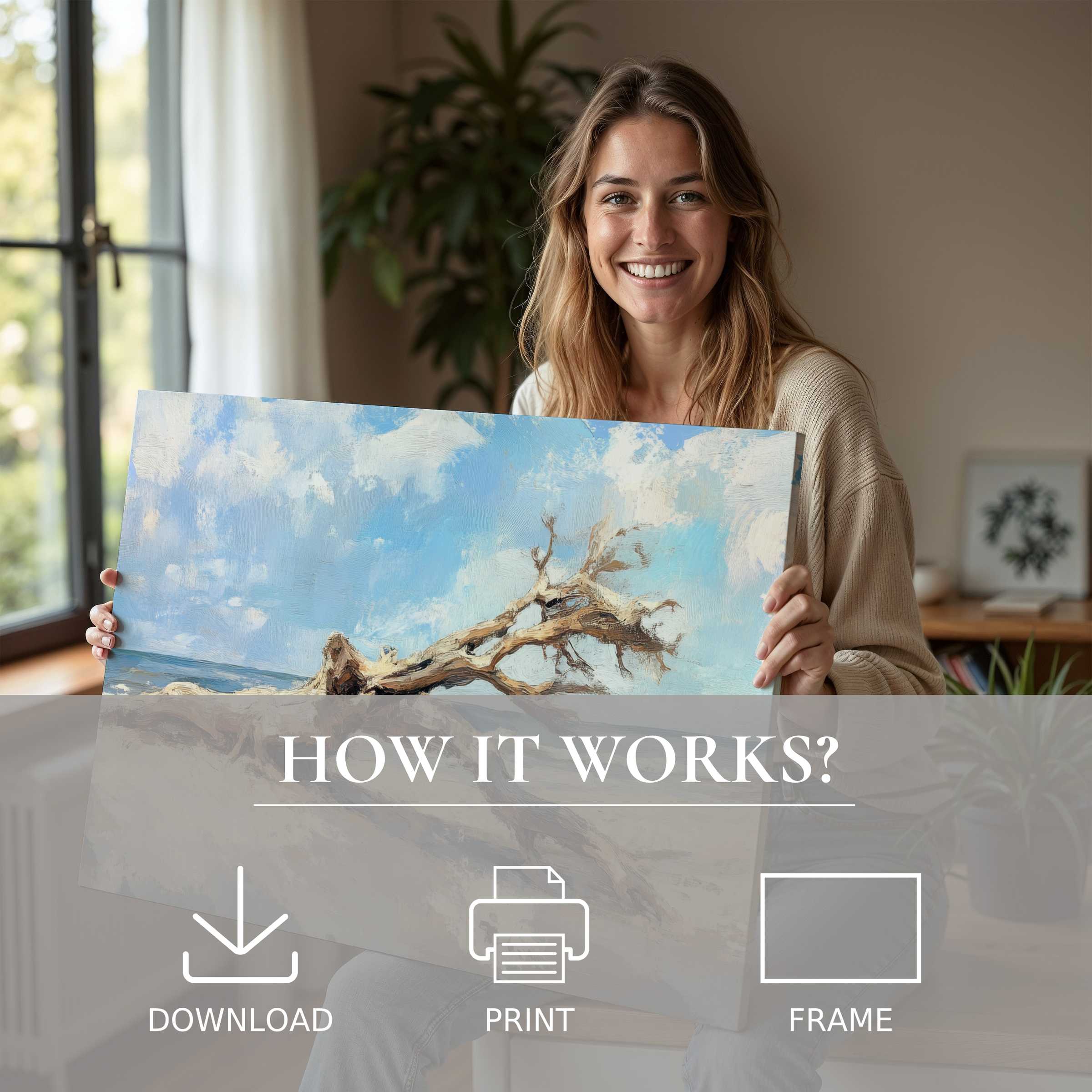 A serene moment radiates as a woman shares a tree digital art print, blending sky-blue hues with natural warmth in her stylish home