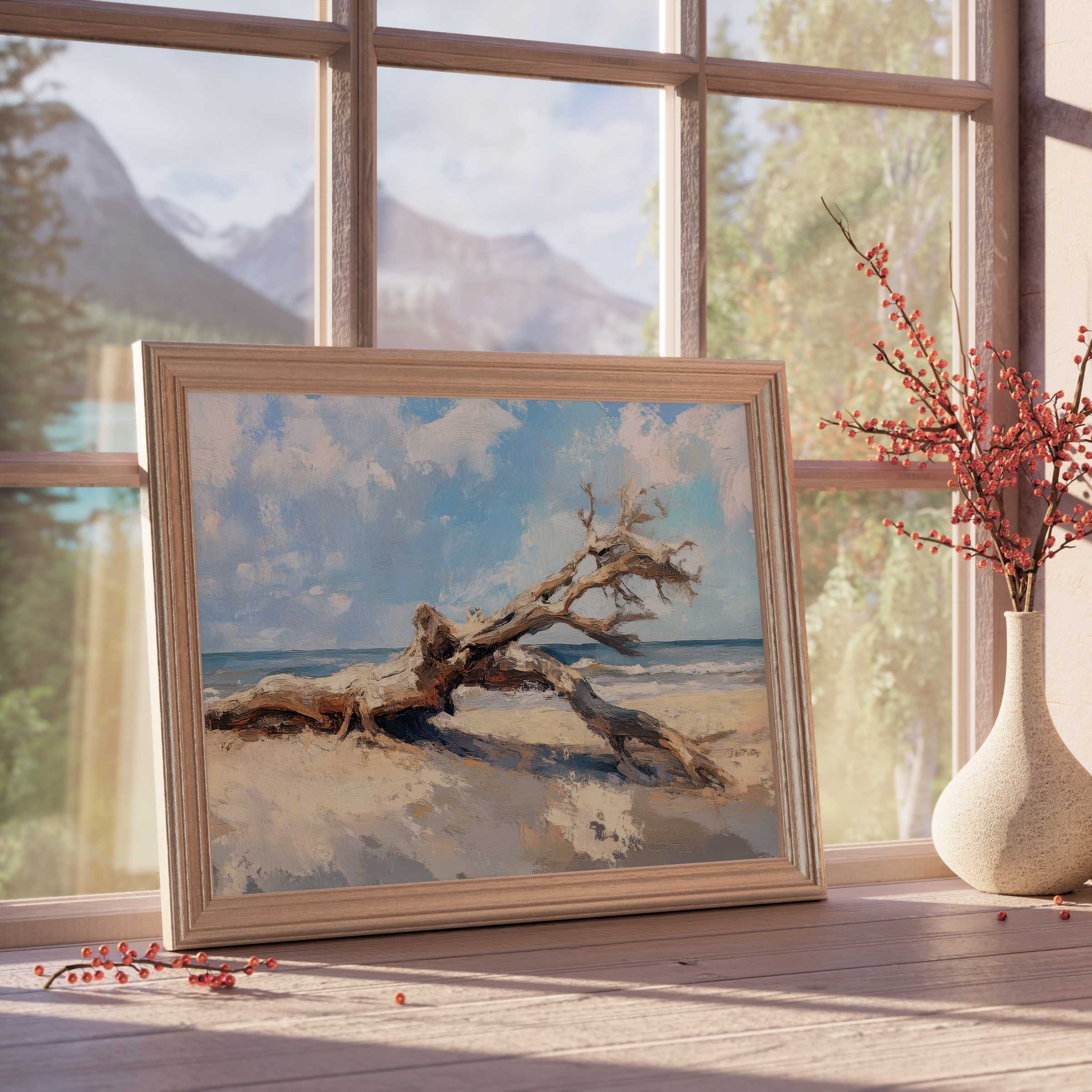 Driftwood tree downloadable art evokes serene coastal calm, perfect for refined spaces with natural, tranquil aesthetics