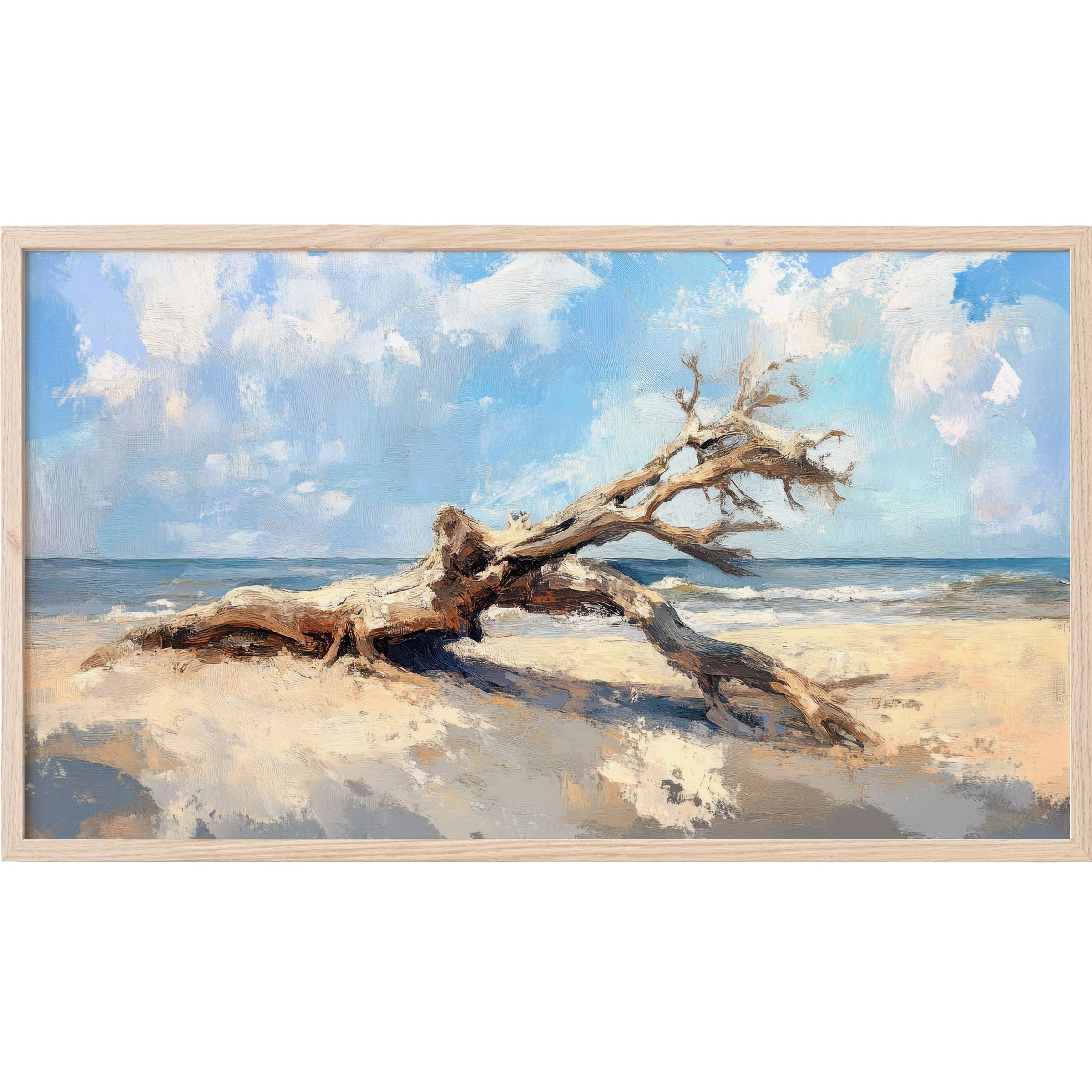 Elegant coastal scene in soft blues and sandy tones, featuring driftwood and waves, ideal tree Frame TV Art