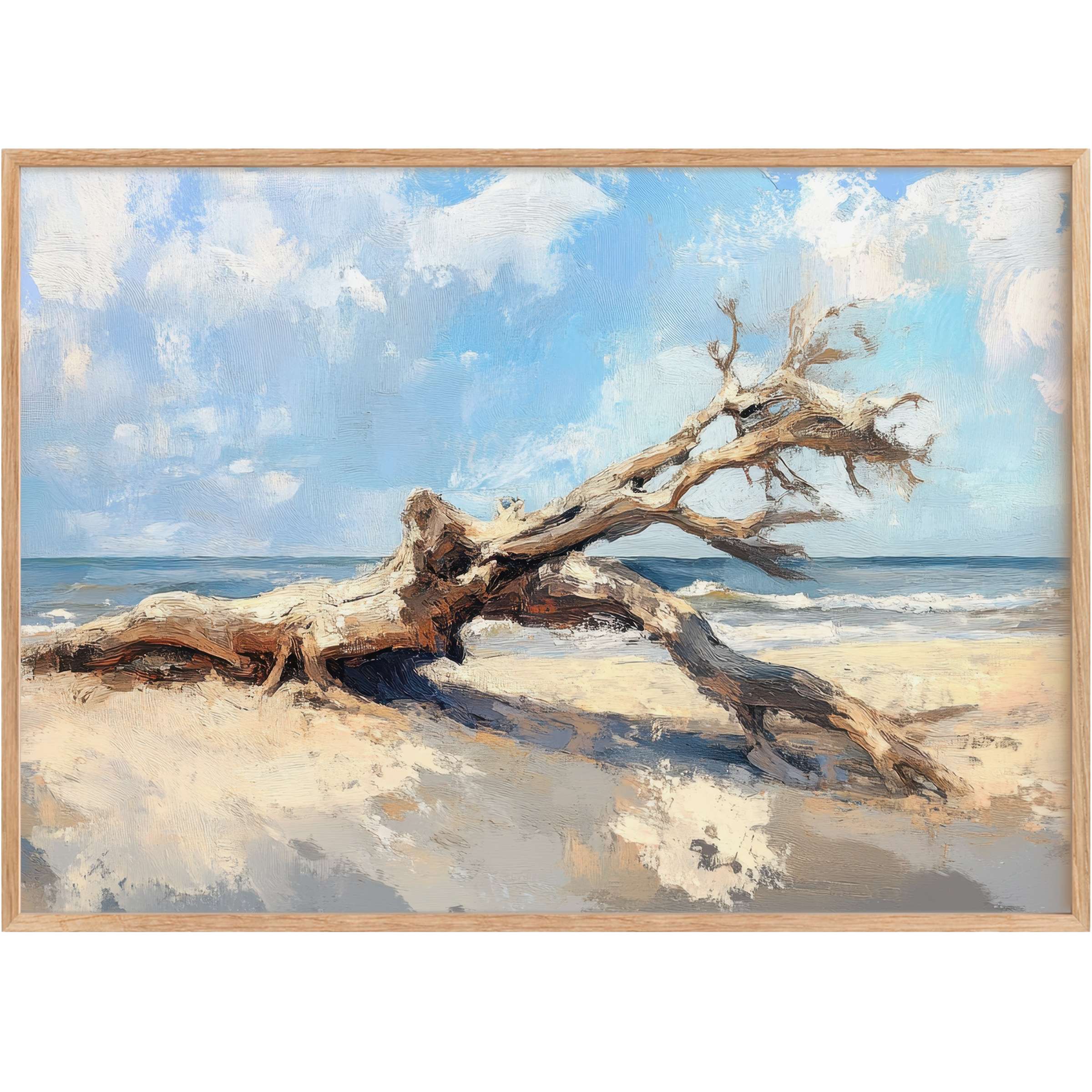 Serene coastal scene with rustic driftwood in soft neutrals and blue skies, a calming tree printable wall art for elegant spaces