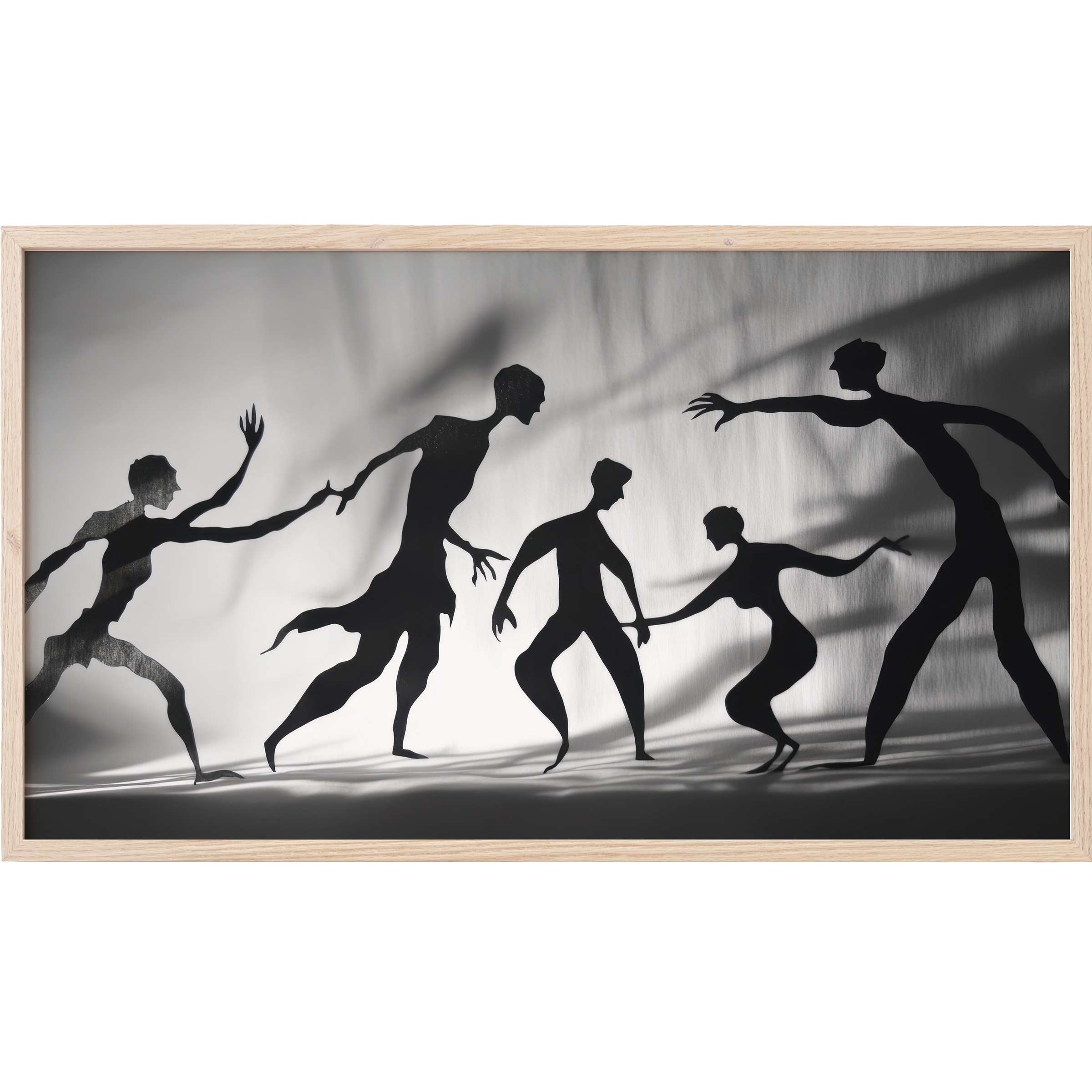 Elegant black and white Frame TV Art featuring abstract human silhouettes in fluid motion with soft shadows and light