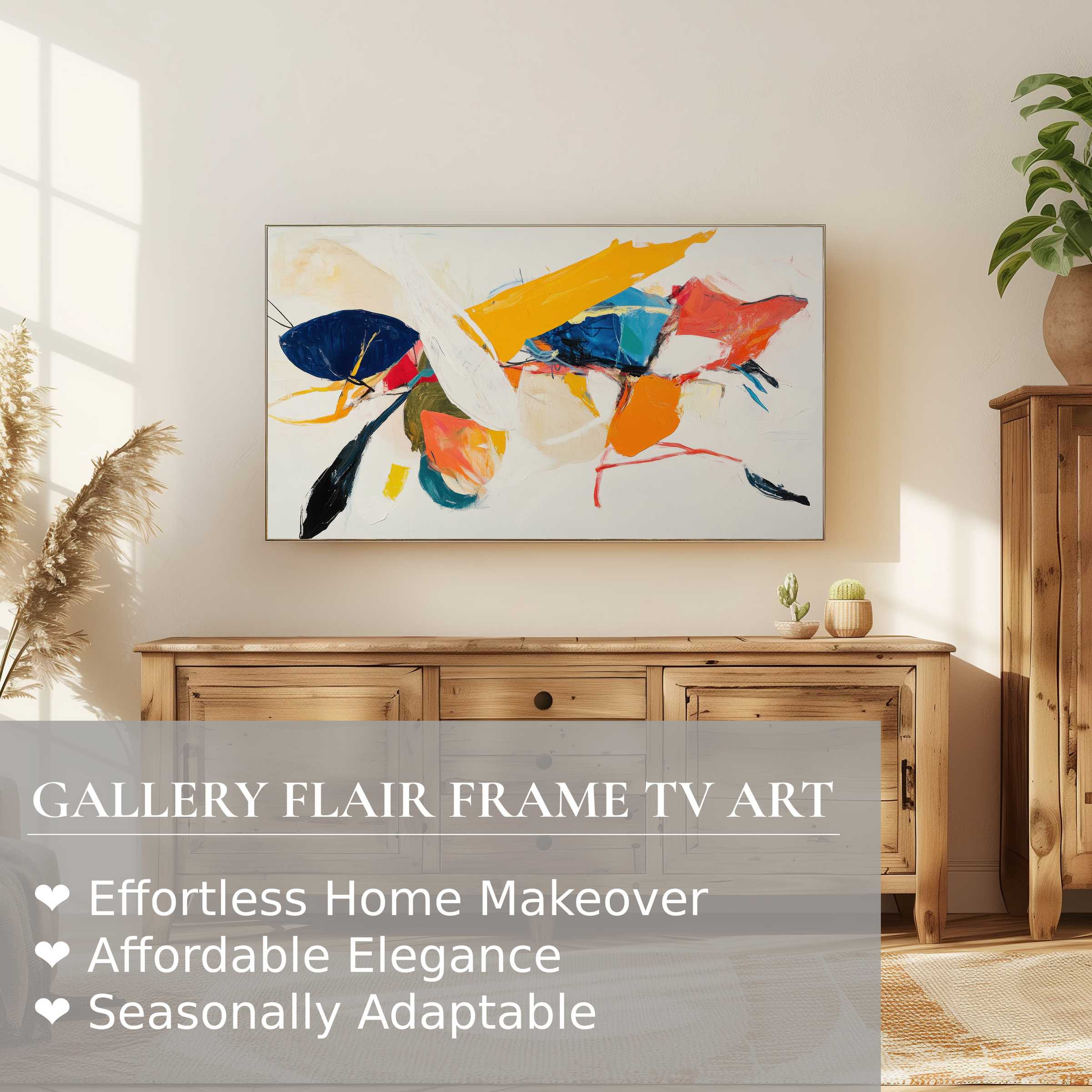 Samsung Frame TV displaying vibrant abstract digital artwork, enhancing modern, elegant living spaces with refined style
