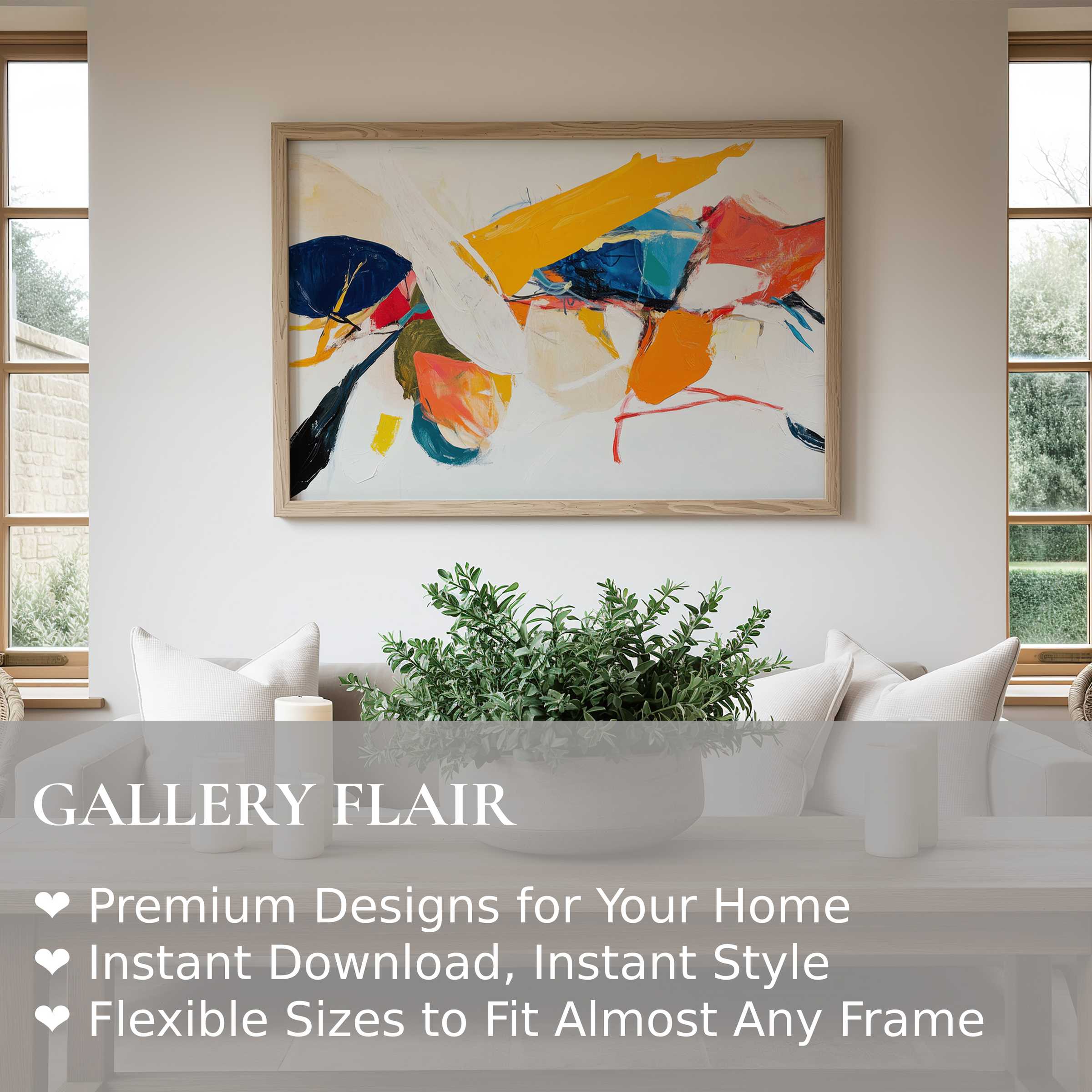 Abstract wall art print with vibrant orange, navy, and blue brushstrokes on a serene white backdrop, elevating this modern minimalist living space with dynamic energy and refined elegance