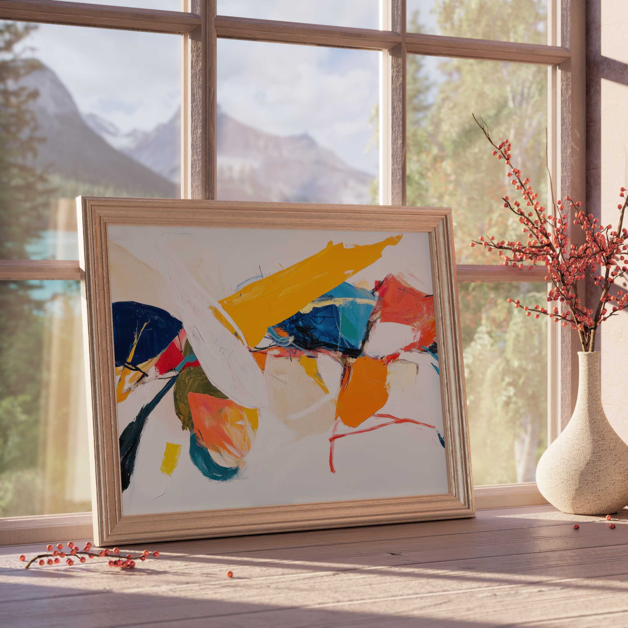 Vibrant abstract downloadable art in warm hues brightens tranquil spaces, perfect for curated, stylish interiors and modern décor