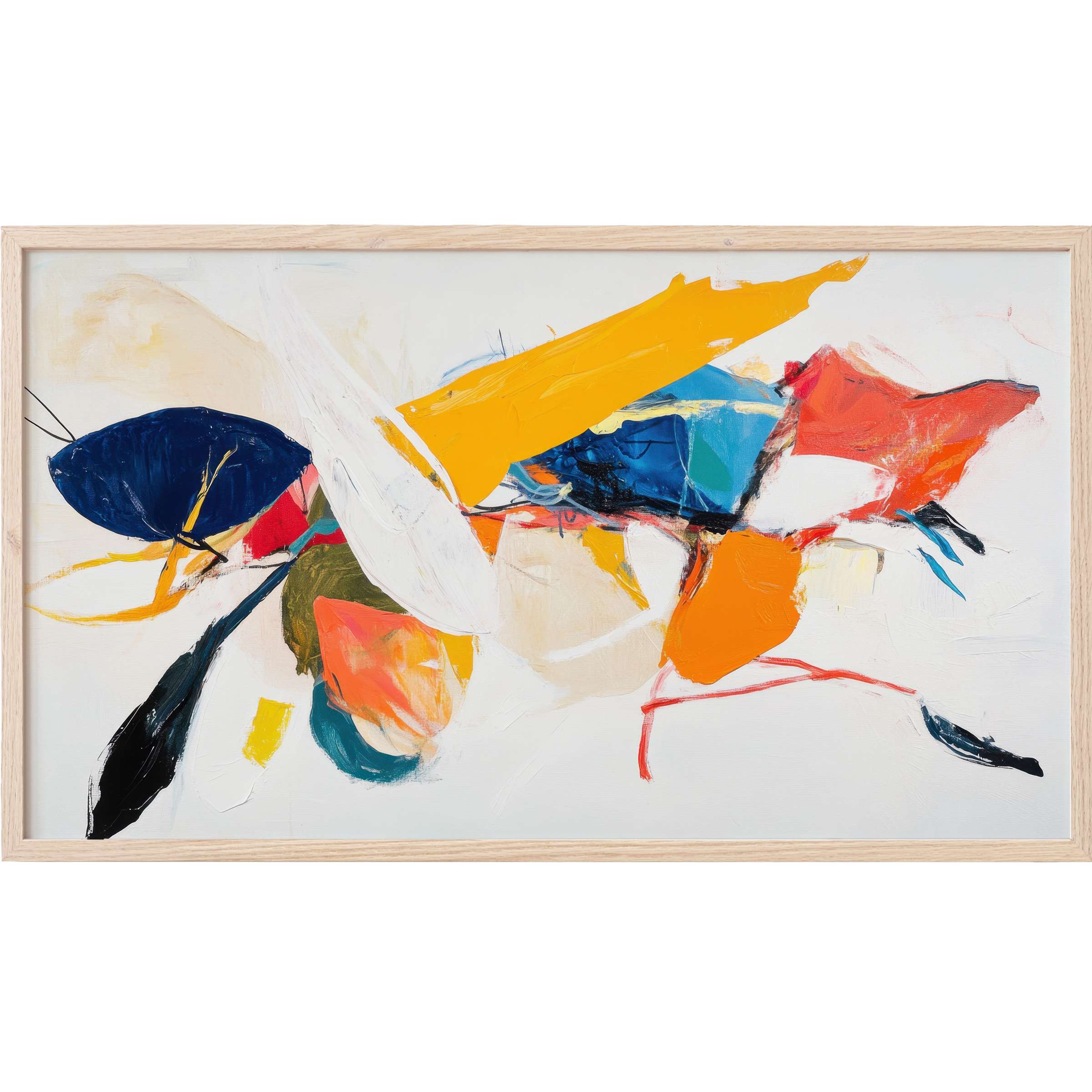 Vibrant abstract Frame TV Art with bold strokes of orange, blue, and red on a soft white background in a natural wood frame
