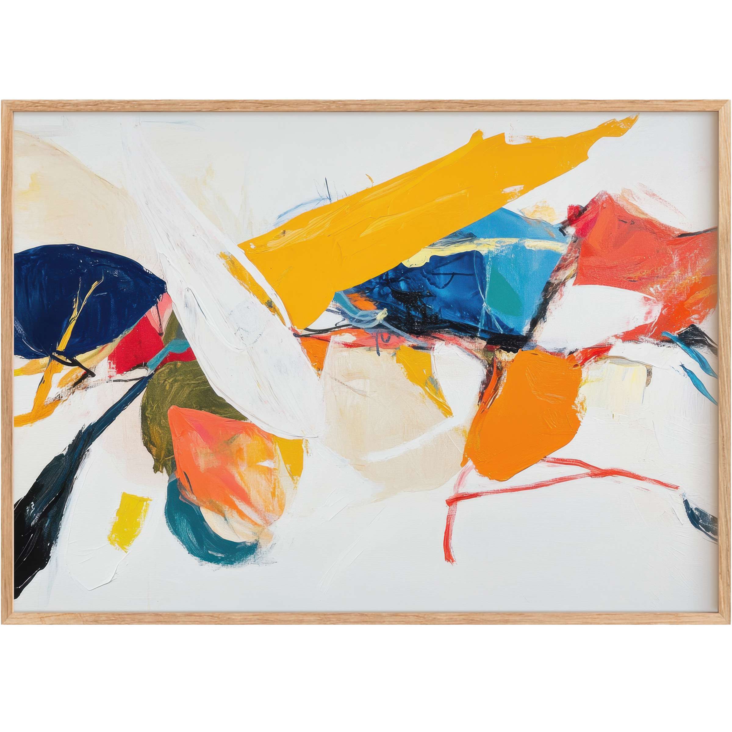 Vibrant abstract printable wall art in bold orange, deep blue, and soft white creates an energetic, contemporary mood