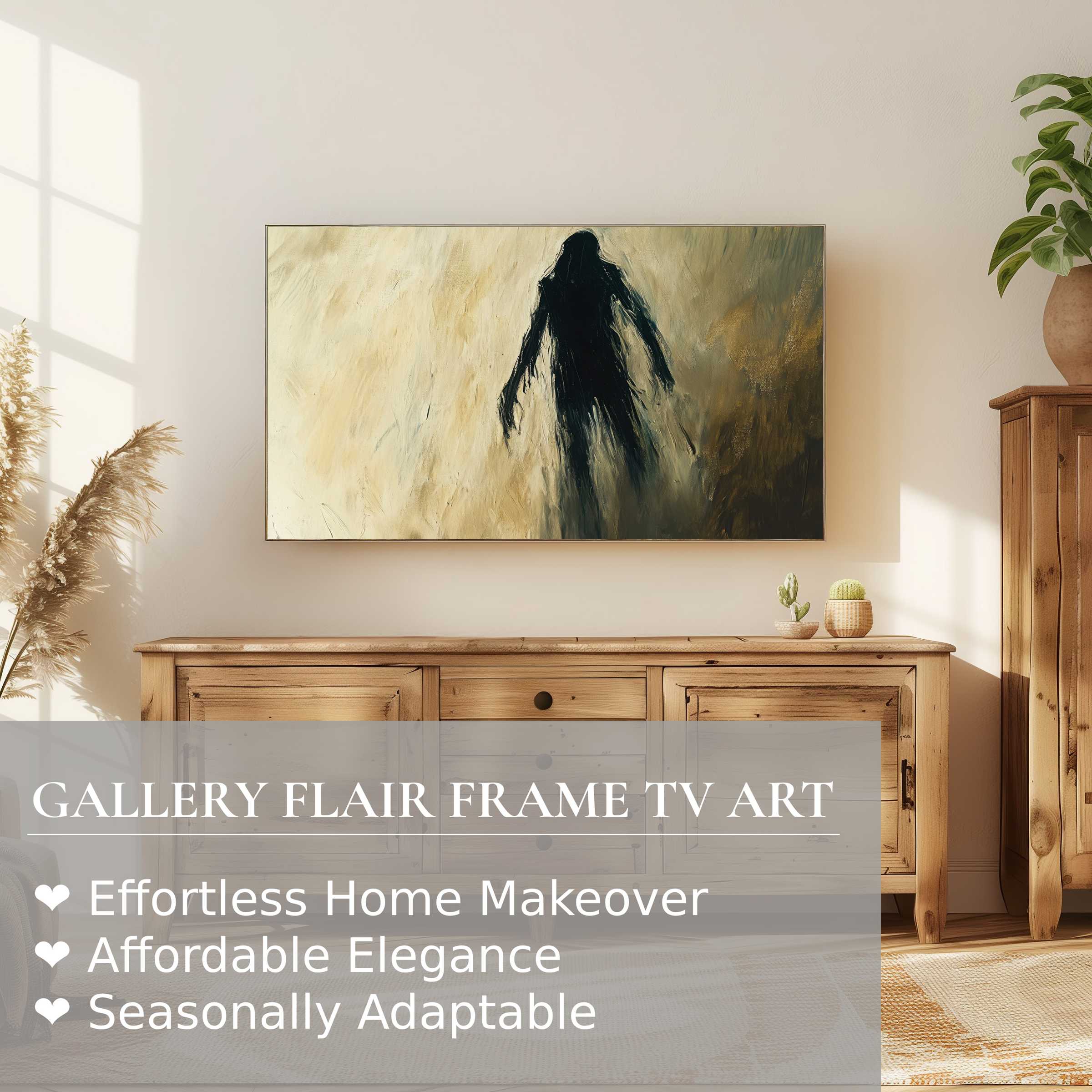Samsung Frame TV displays eerie, abstract halloween digital artwork in a modern, warm rustic living space