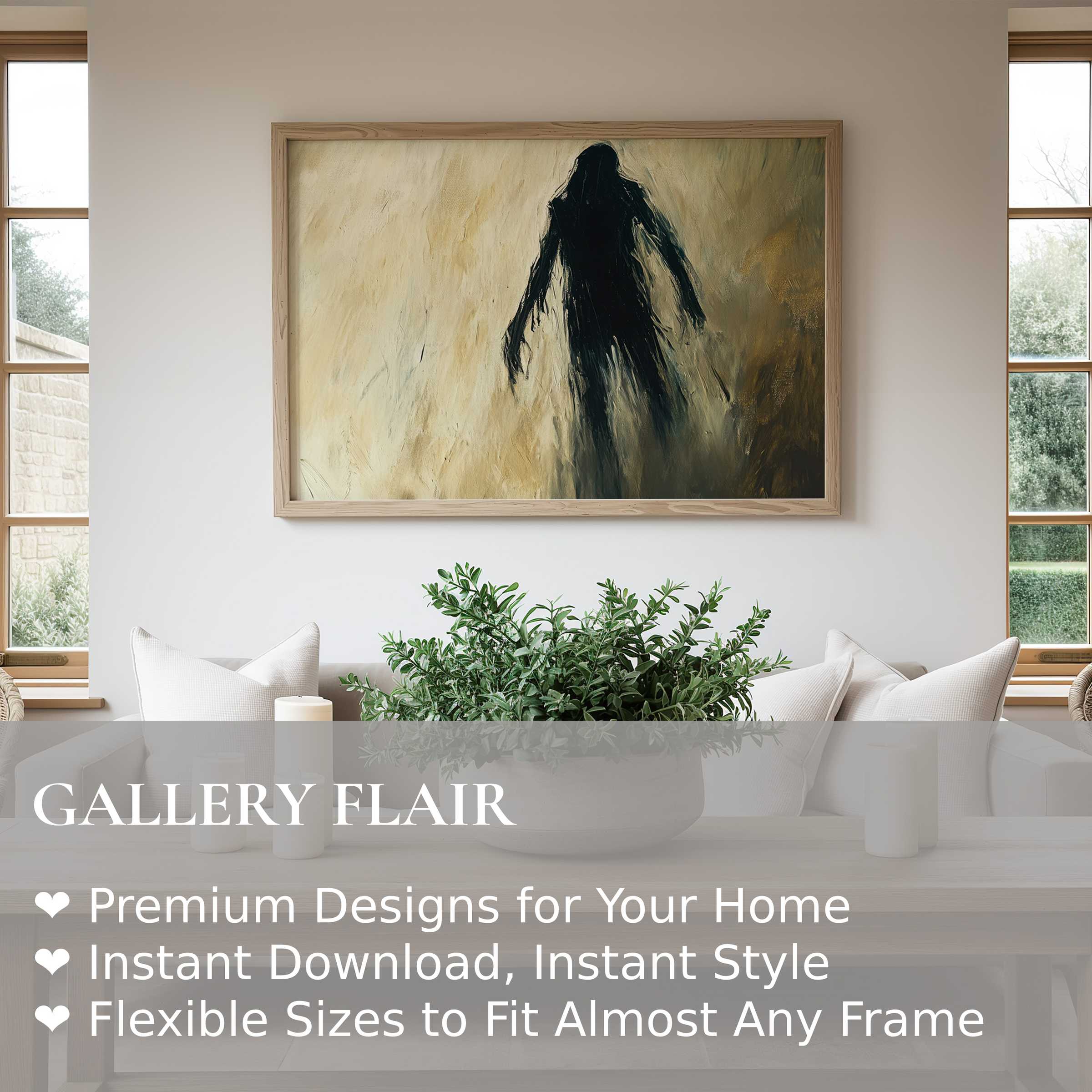 Eerie, shadowy figure in textured neutrals creates bold Halloween wall art print ambiance in a serene modern living room