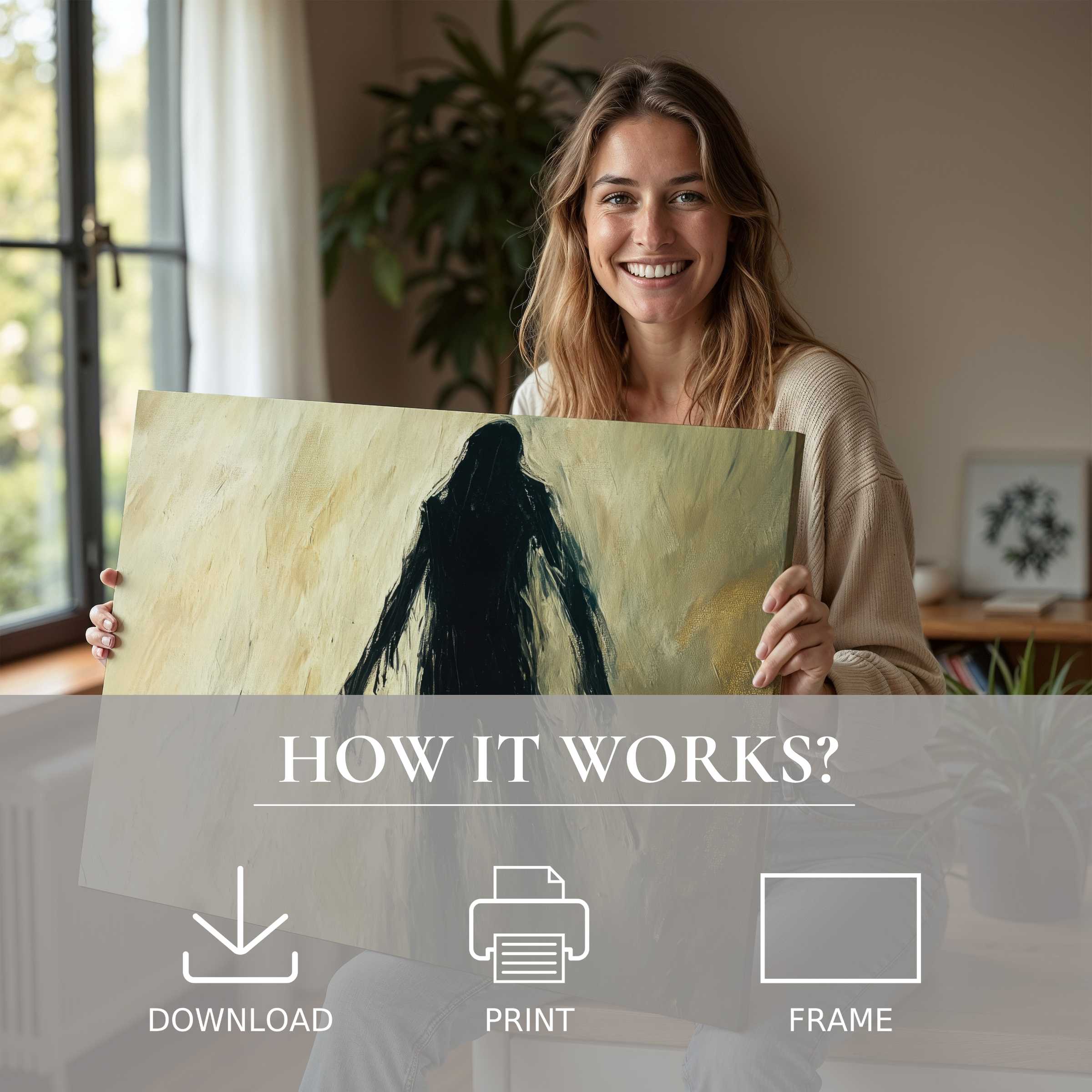 A serene moment of joyful connection with a Halloween digital art print, elevating modern home decor with effortless elegance