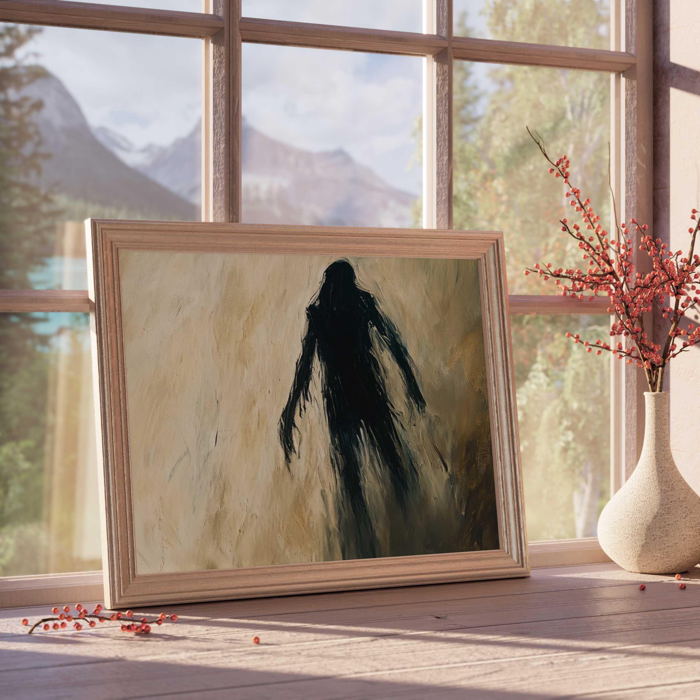 Halloween downloadable art featuring a shadowy silhouette evokes eerie calm, perfect for curated, design-forward interiors