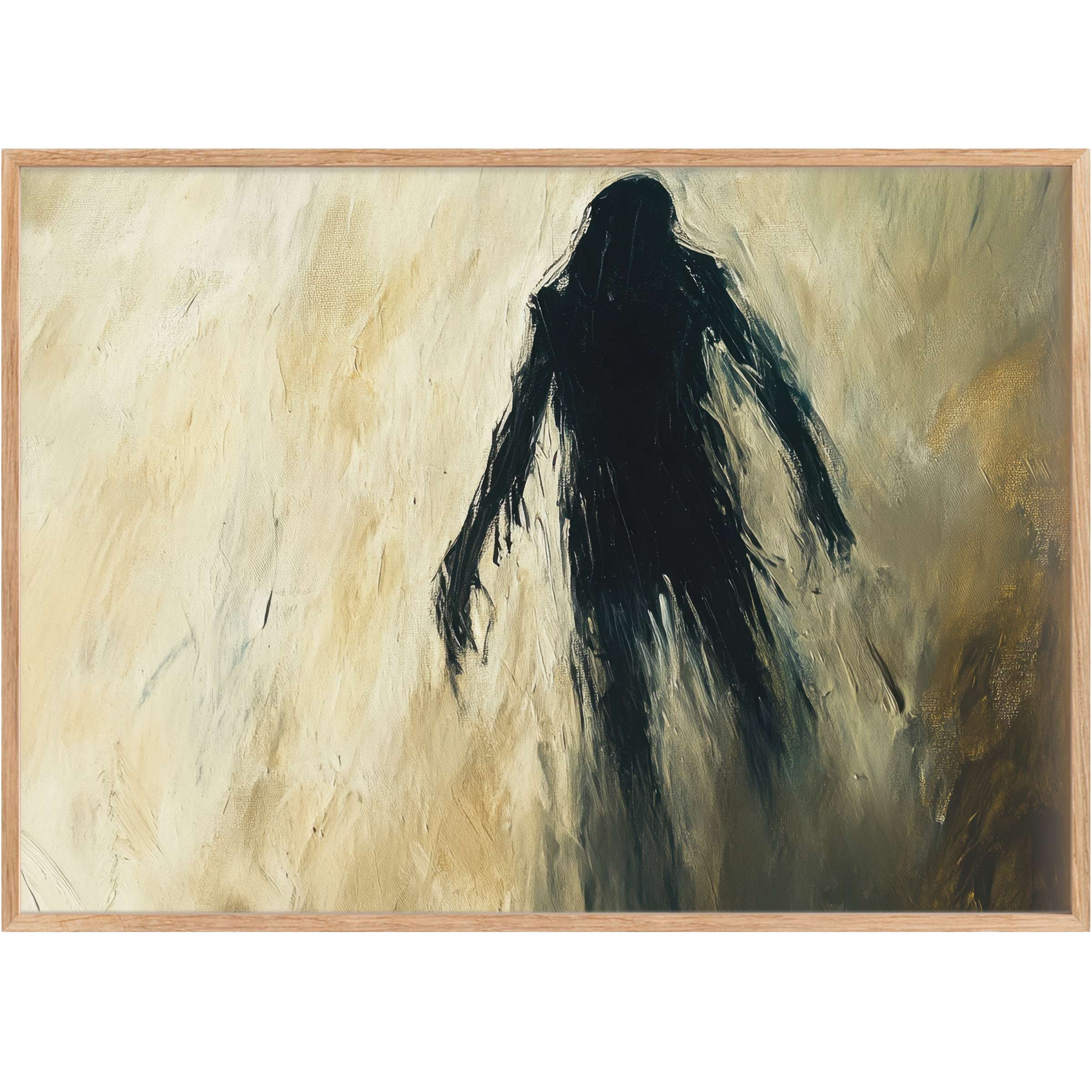 Hauntingly elegant Halloween printable wall art featuring a shadowy figure in moody blacks and warm beige, evoking mysterious allure