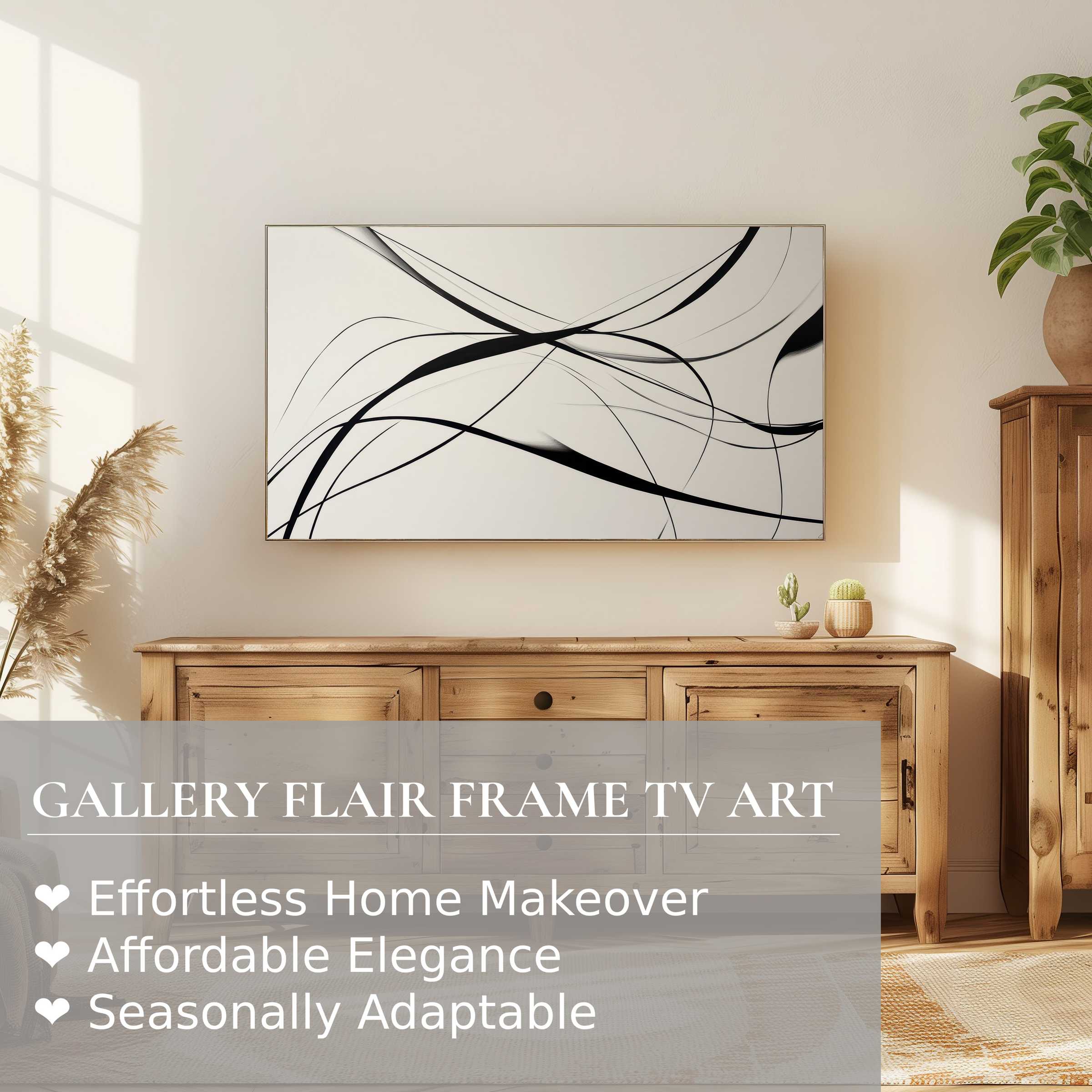 Samsung Frame TV displaying modern digital artwork with elegant black lines in a bright, natural wood interior