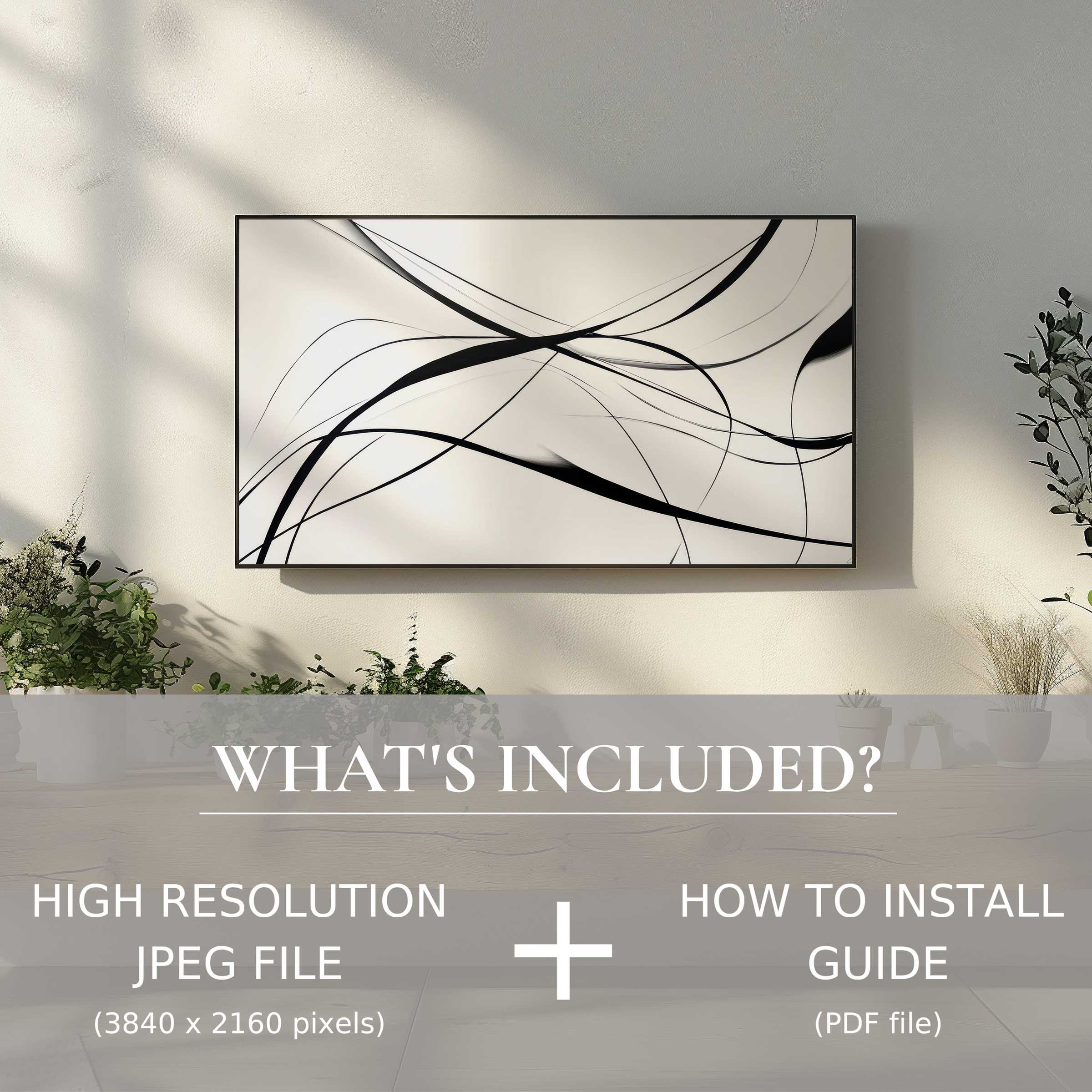 Modern digital TV art download with sleek abstract lines, enhancing your living space effortlessly via easy digital use