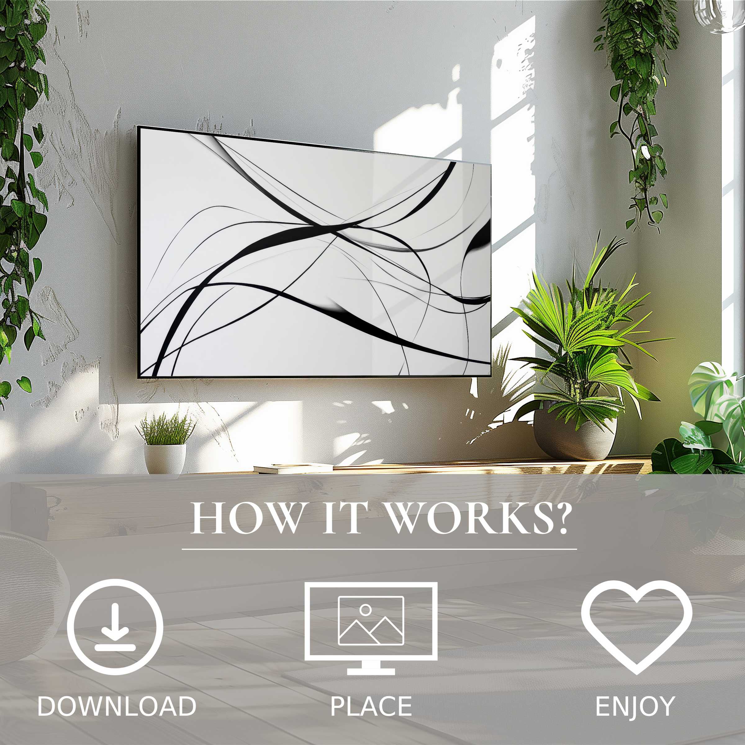 Modern art for Samsung TV with ease: digital download of black flowing lines enriches any bright, green-accented living space