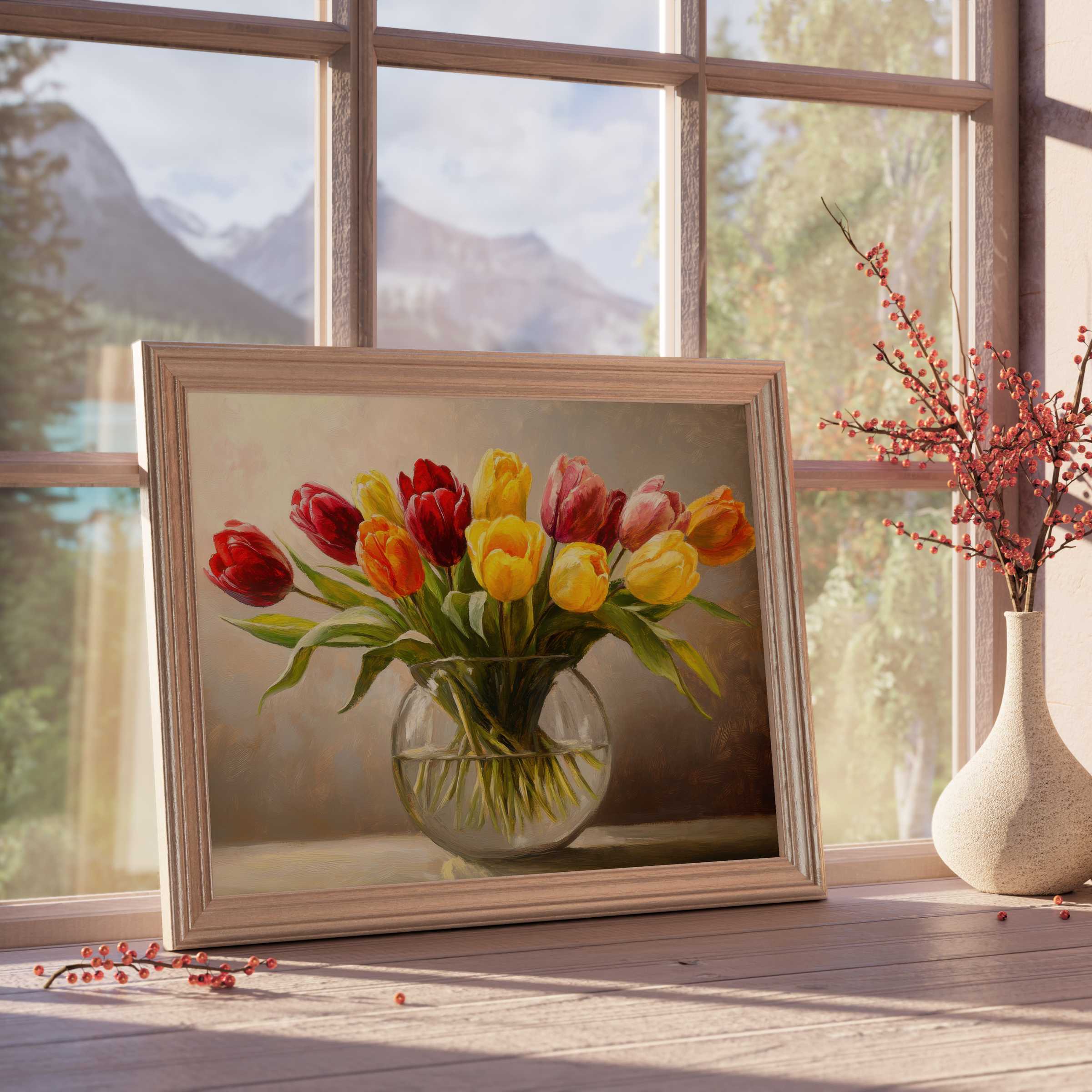 Floral downloadable art featuring vibrant tulips in glass vase, enhancing tranquil, curated interiors with timeless elegance and natural charm