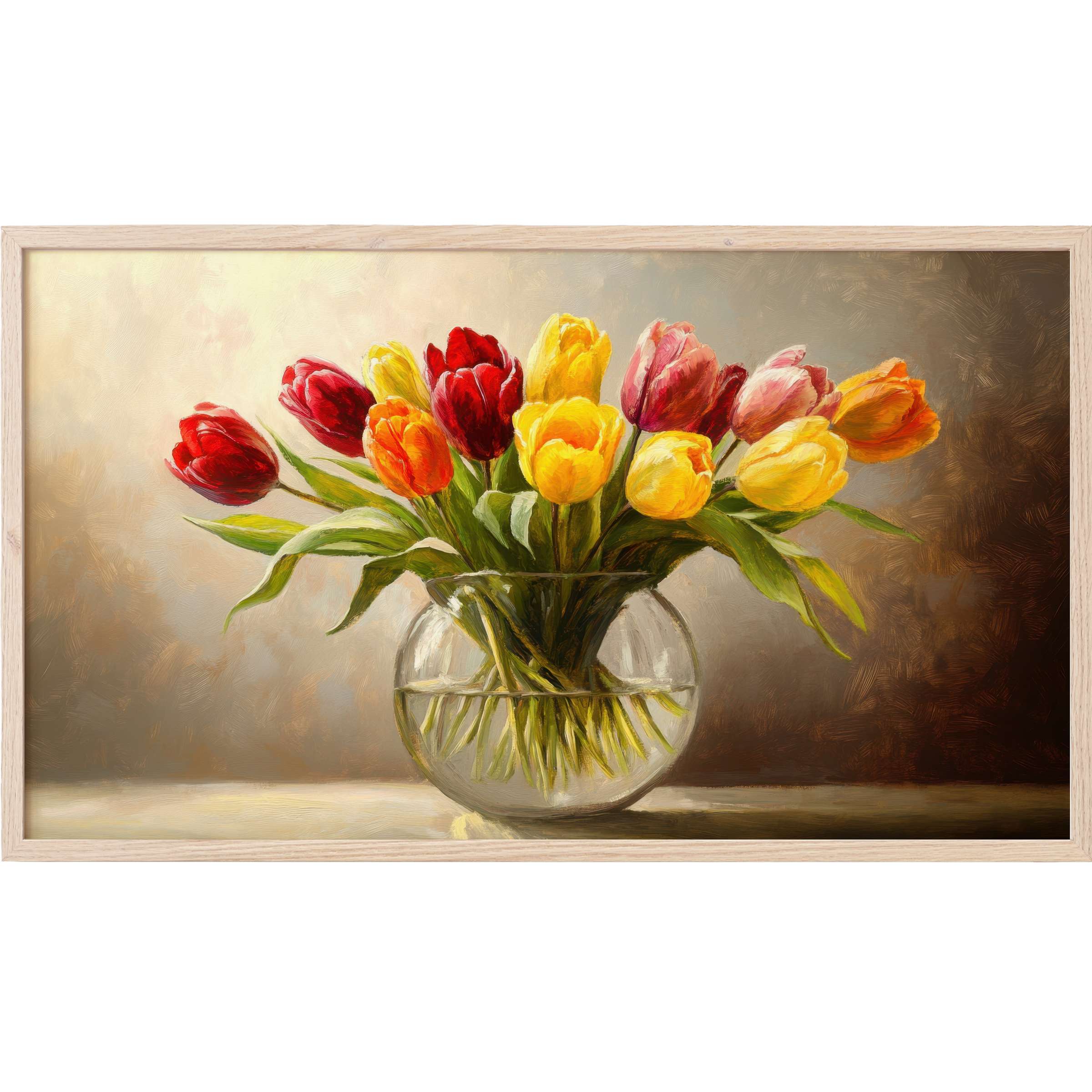 Floral Frame TV Art: vibrant red, yellow and orange tulips in a glass vase, soft brushstrokes, warm modern elegance