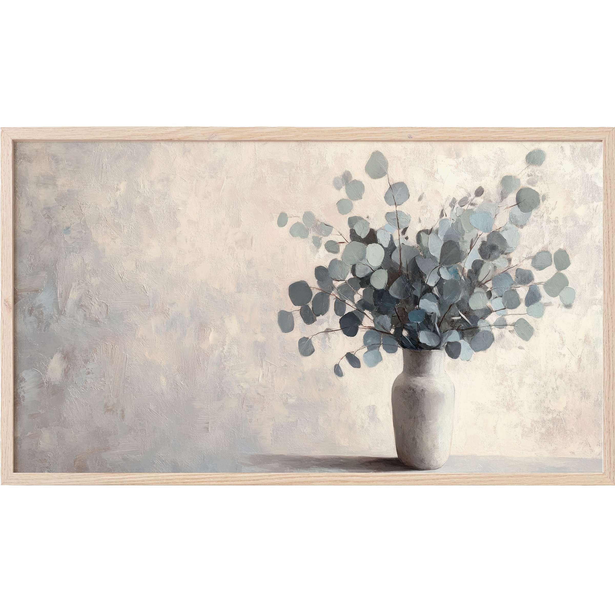 Minimalist botanical Frame TV Art featuring muted blue-gray eucalyptus leaves in a soft cream textured vase