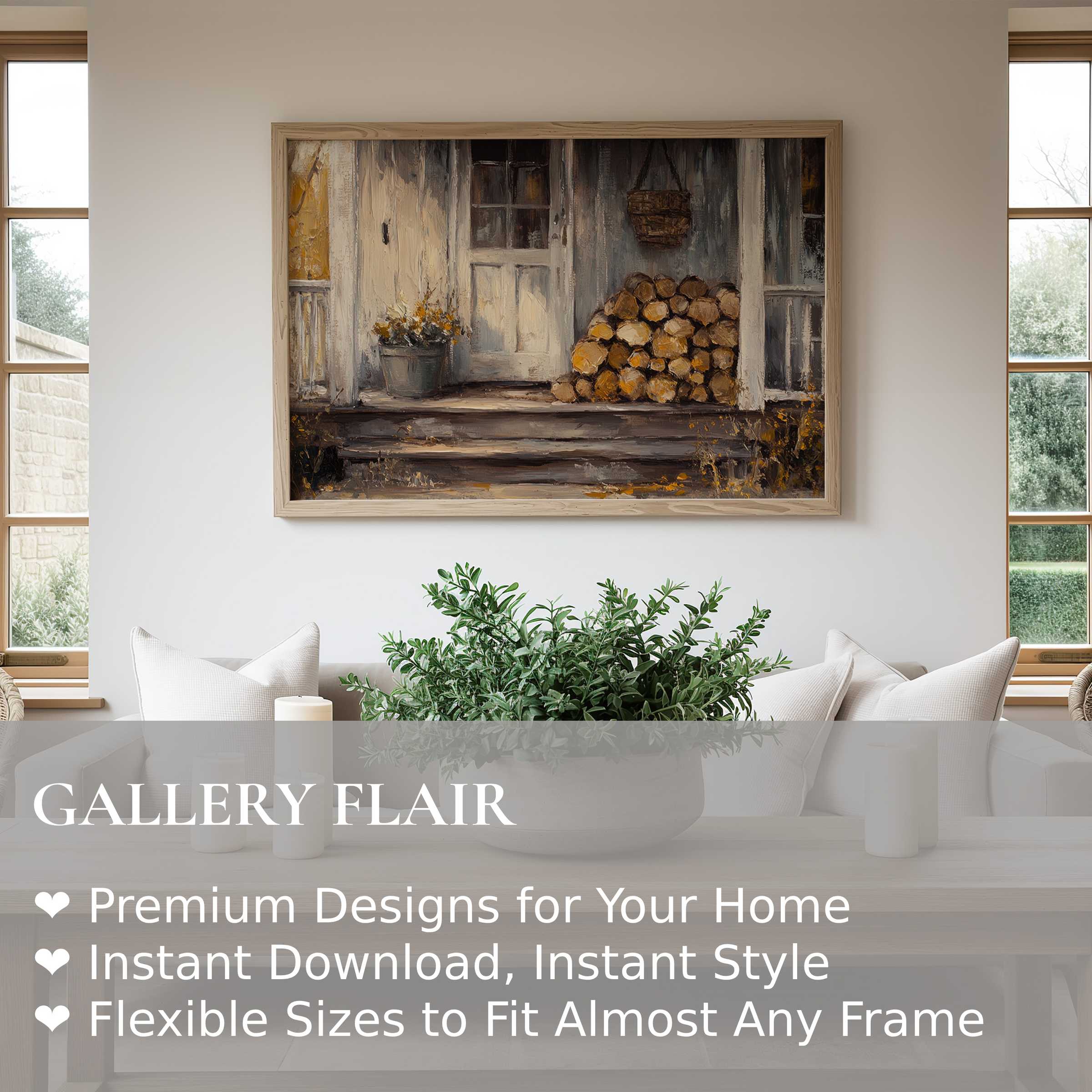 Farmhouse wall art print capturing rustic charm with warm wood tones, enhancing modern rustic interiors with cozy, inviting elegance