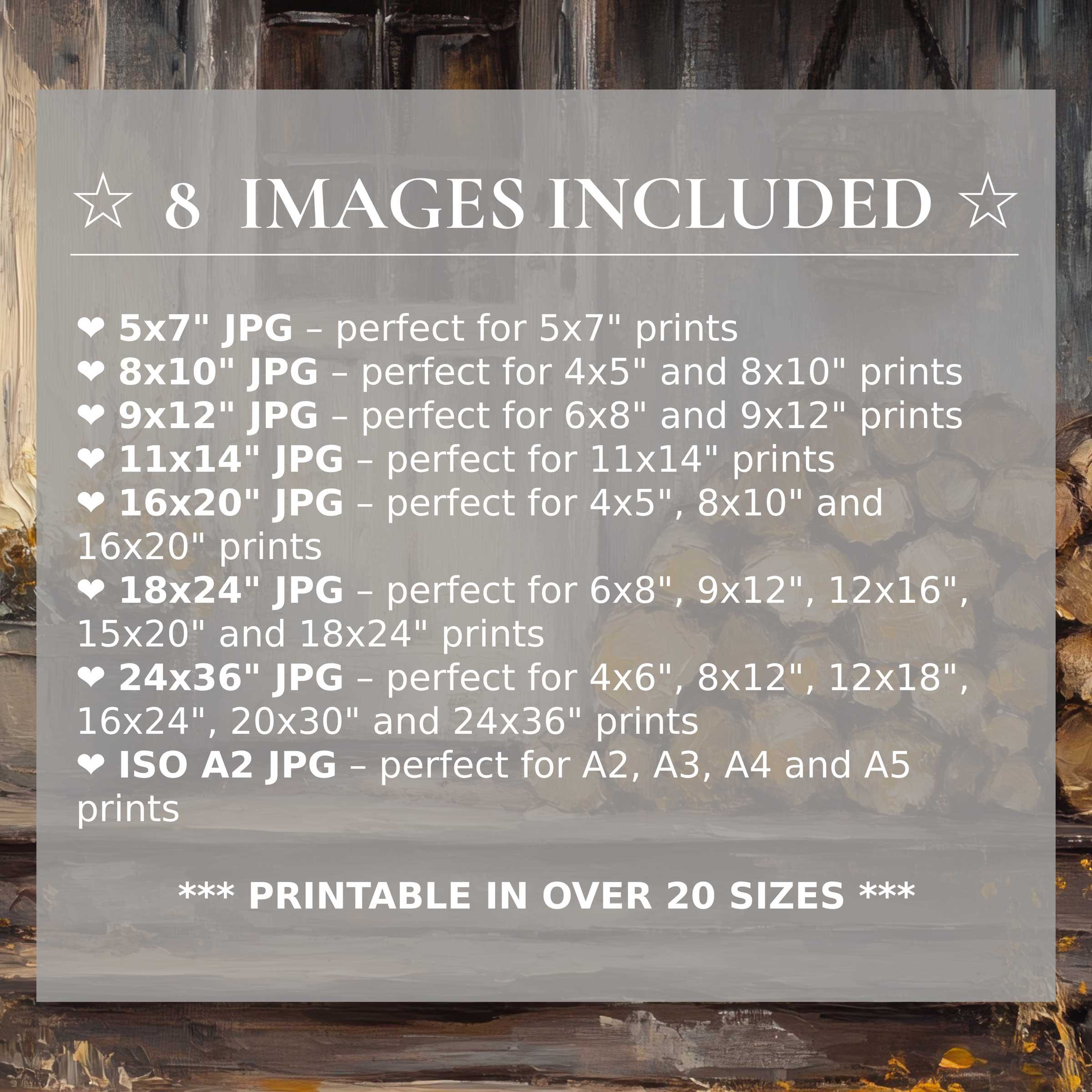 Farmhouse digital print in warm, earthy tones radiates rustic charm and elegance, with 8 high-quality sizes included for versatile, refined modern interiors