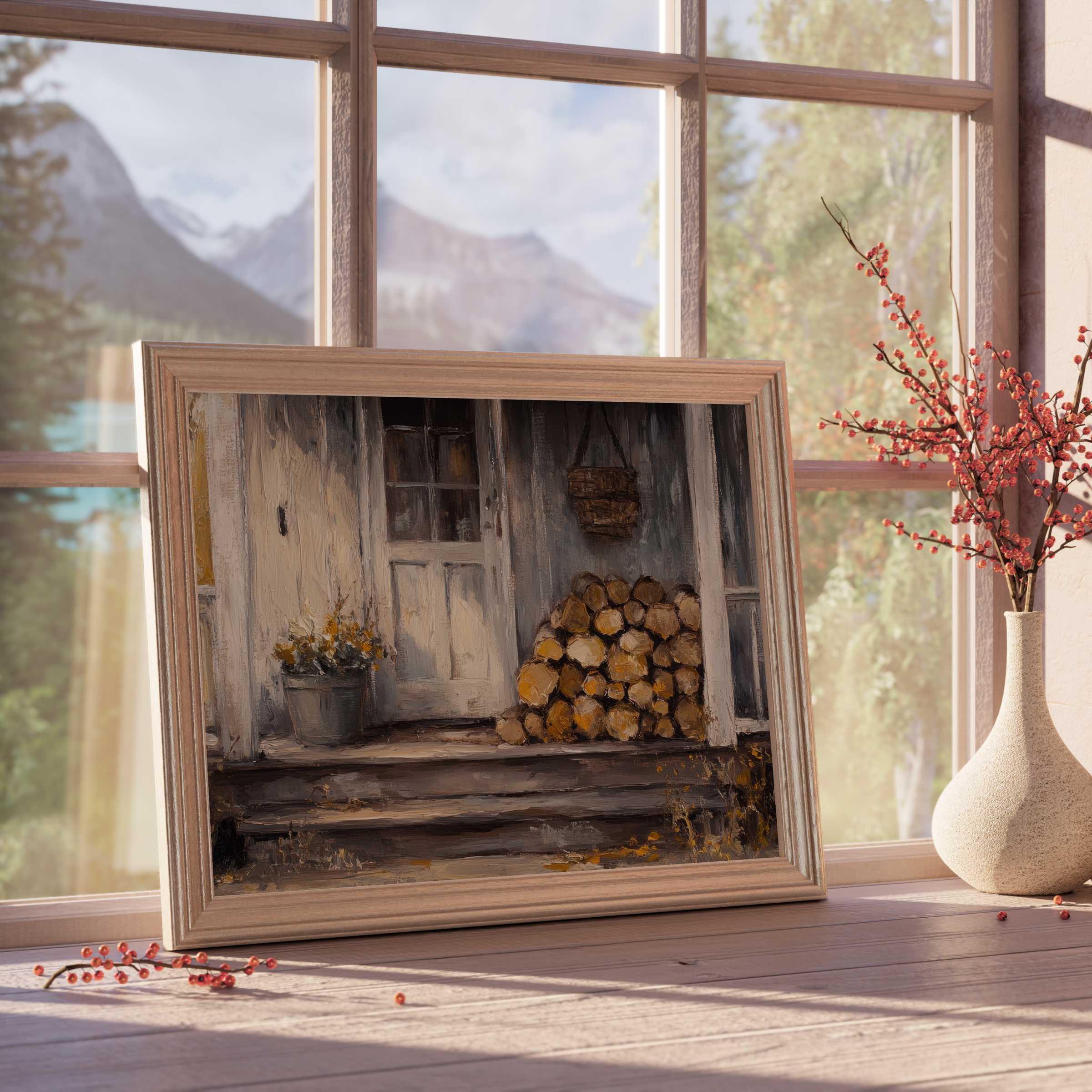 Farmhouse downloadable art capturing rustic charm with warm tones, stacked wood, and serene porch-perfect for curated cozy interiors
