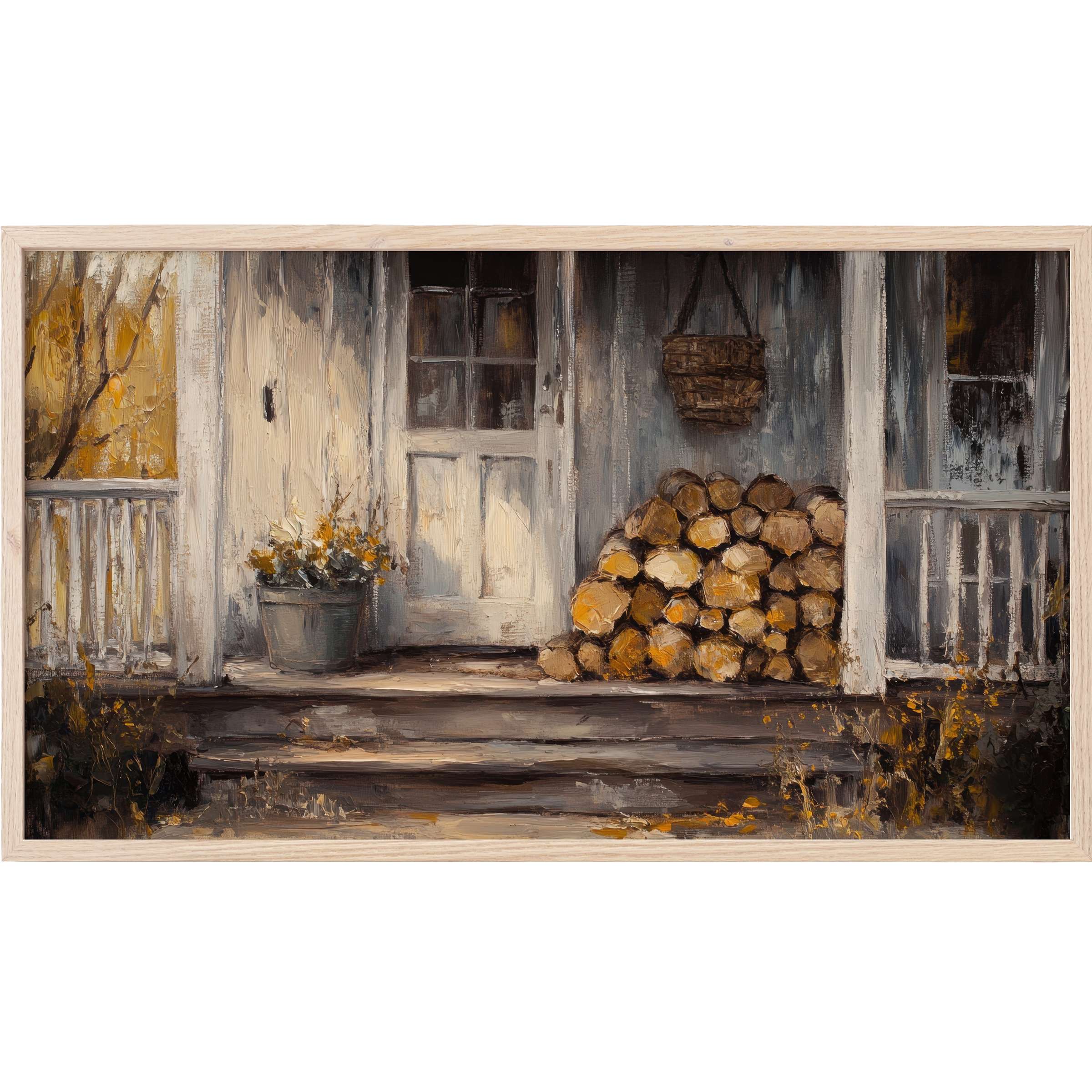 Farmhouse Frame TV Art depicting rustic porch with woodpile in warm earth tones and textured brushstrokes