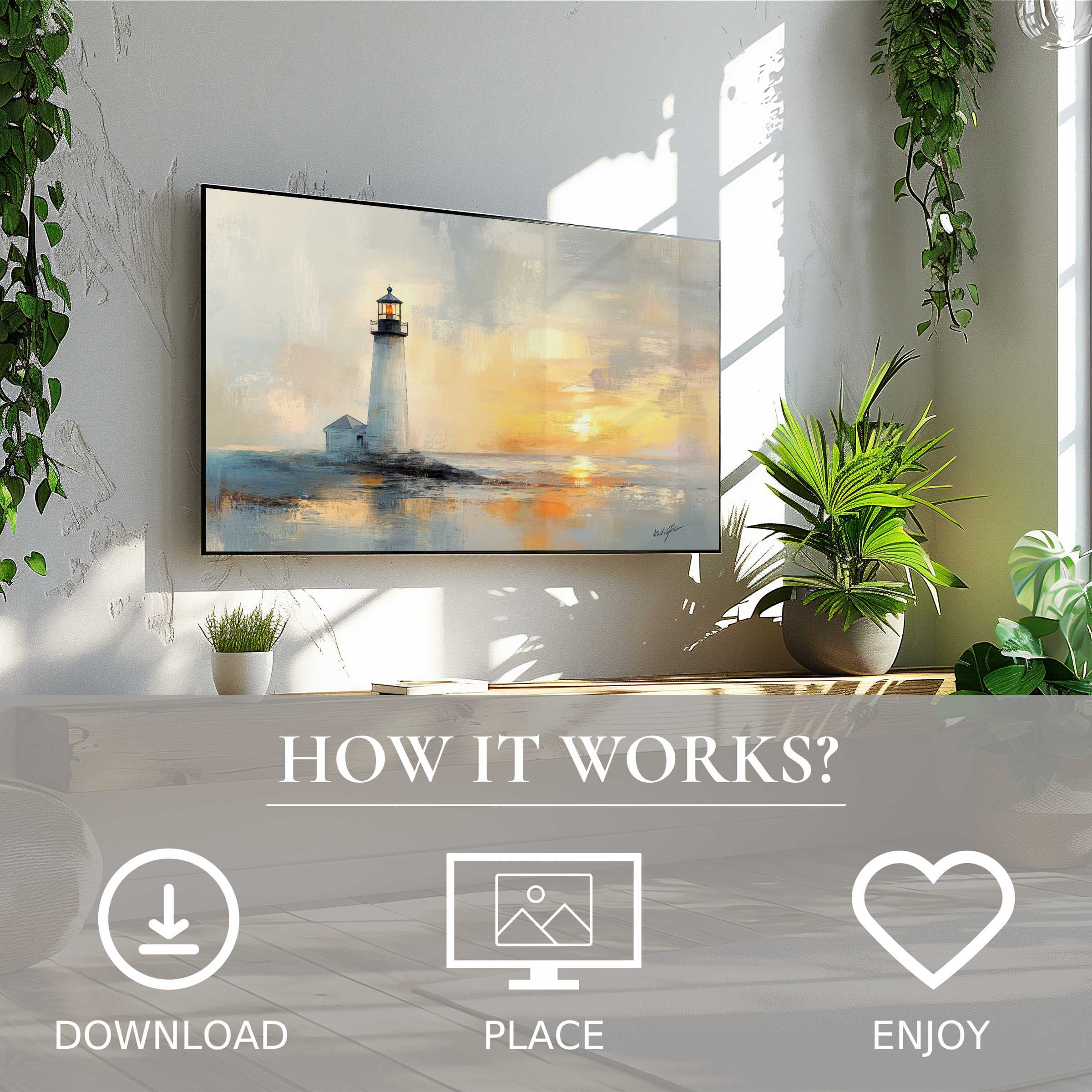 Coastal art for Samsung TV showing soft sunset tones, simple digital download enriches modern living spaces
