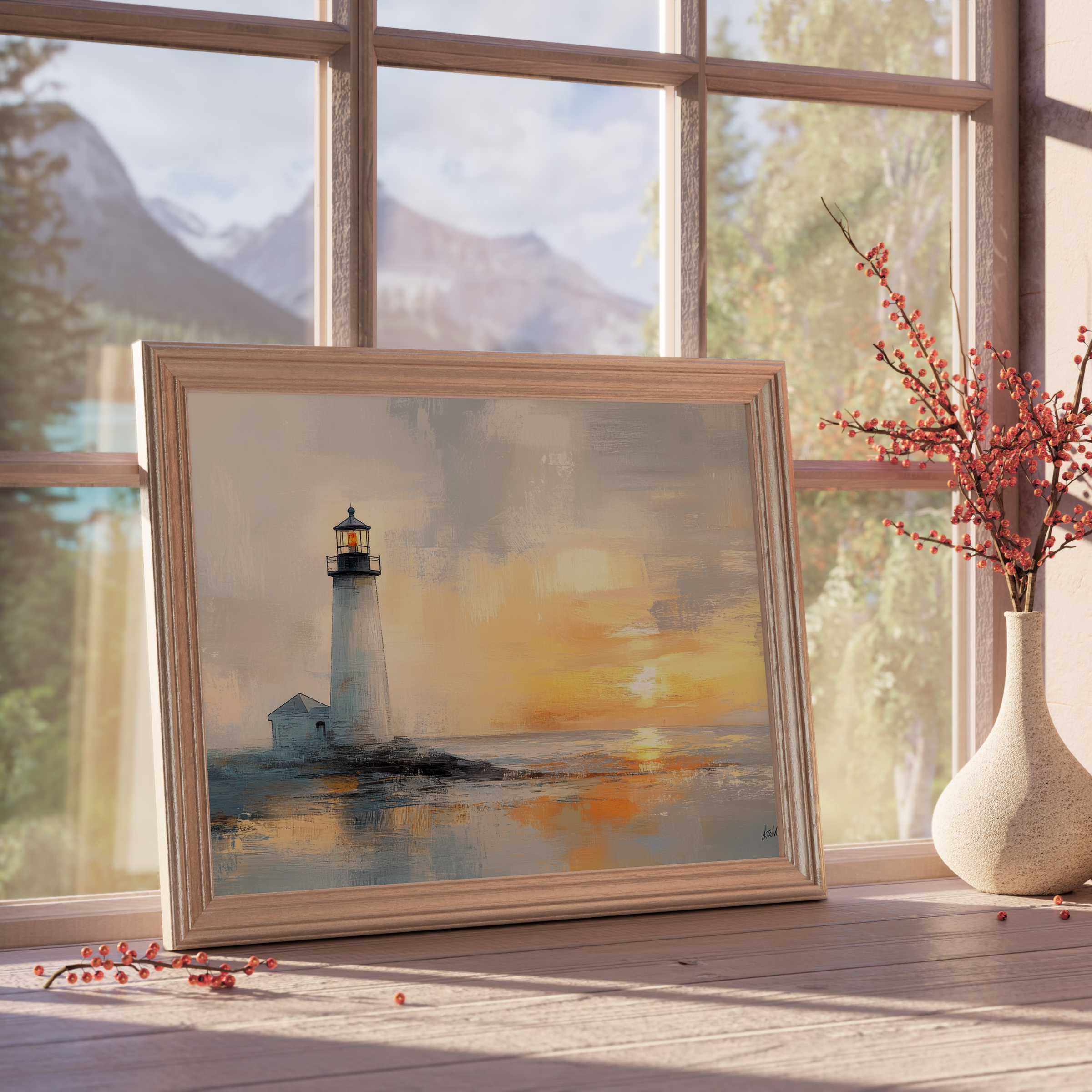 Coastal downloadable art capturing a serene lighthouse at sunset, elevating tranquil, curated coastal interiors with warm, elegant charm