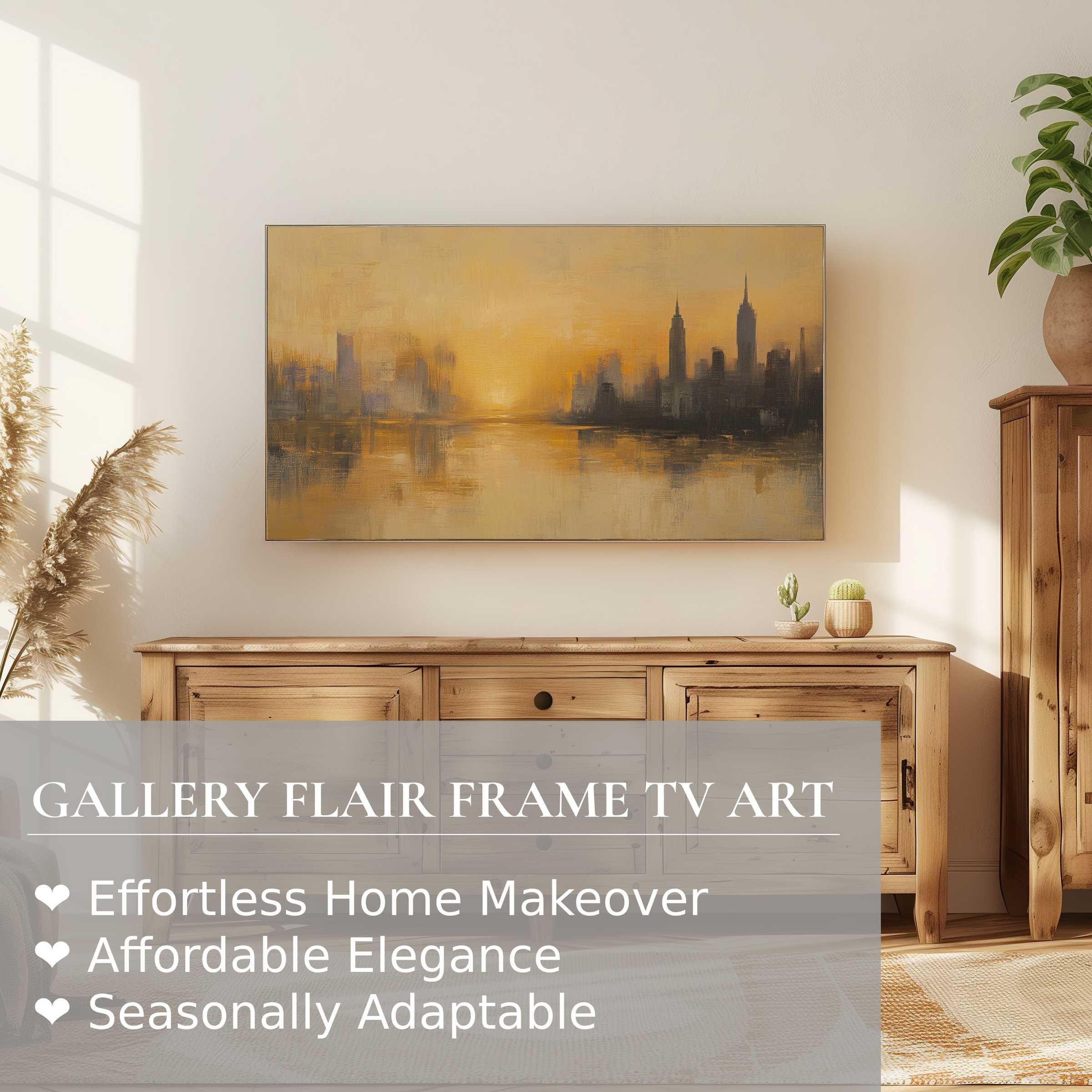 Samsung Frame TV displaying warm-toned urban digital artwork in a serene, minimalist living space
