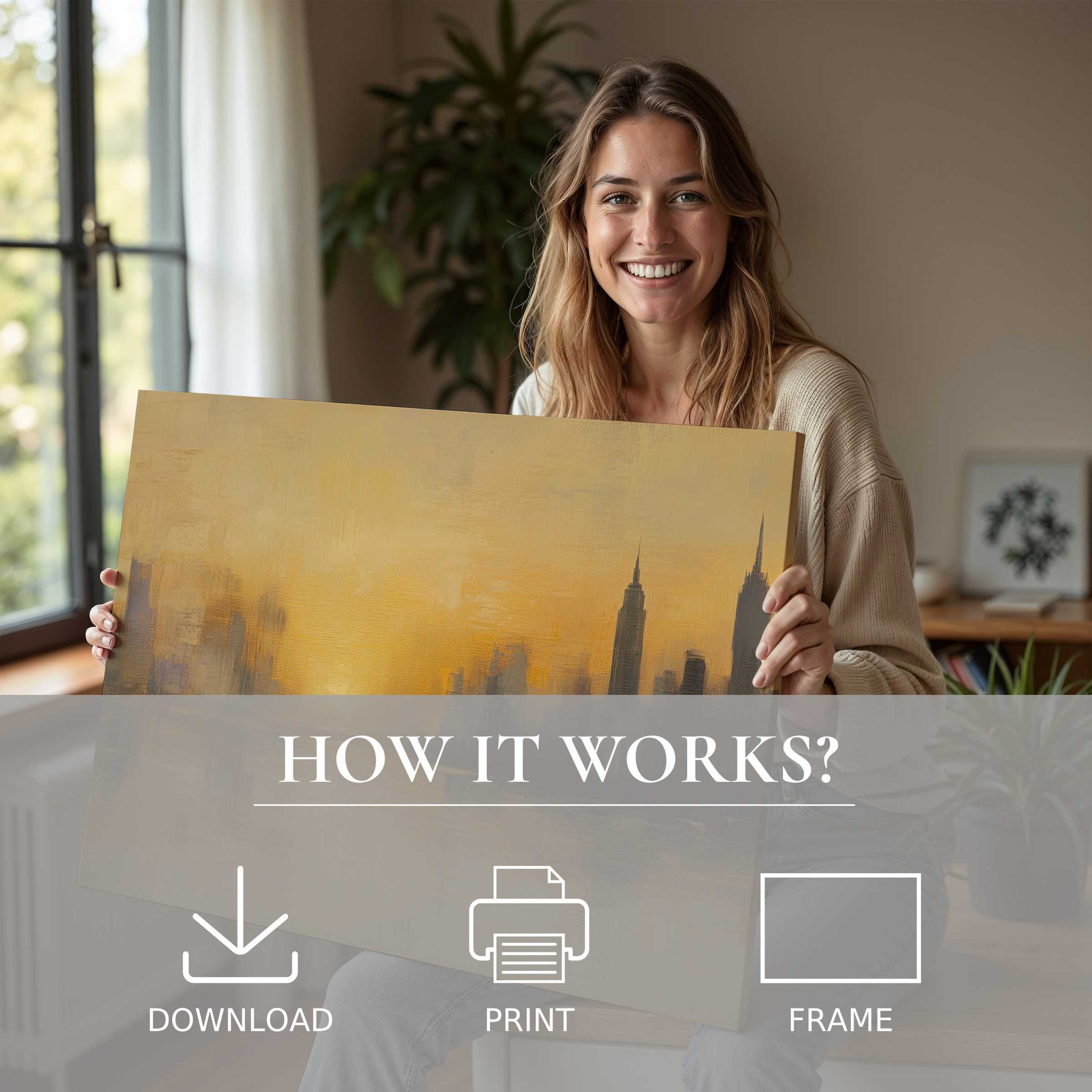 Radiant urban digital art print brought to life in a sunlit home, capturing the joy of effortless elegance and modern living