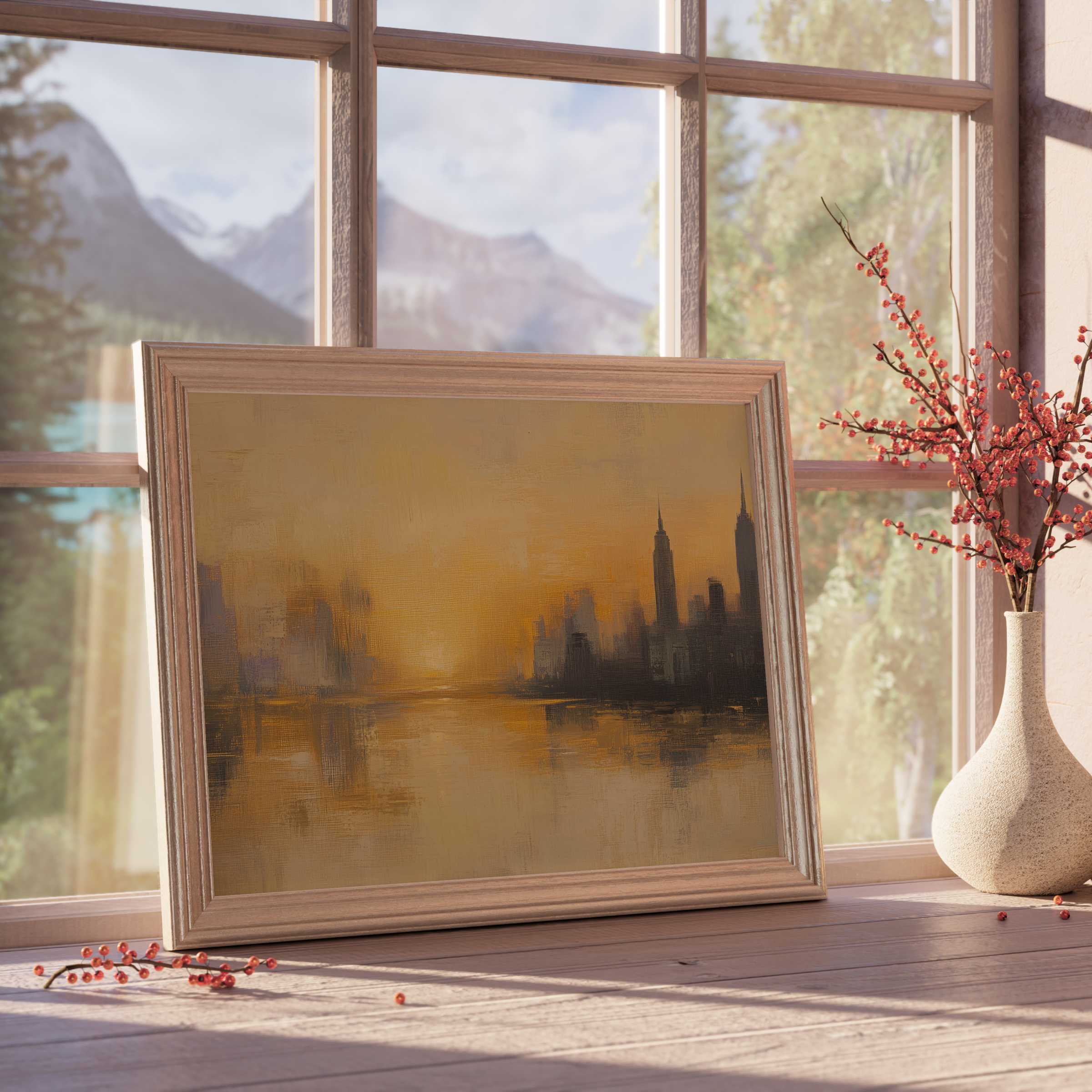 Urban downloadable art capturing a serene cityscape at dusk, enveloped in warm amber tones for tranquil, design-forward interiors