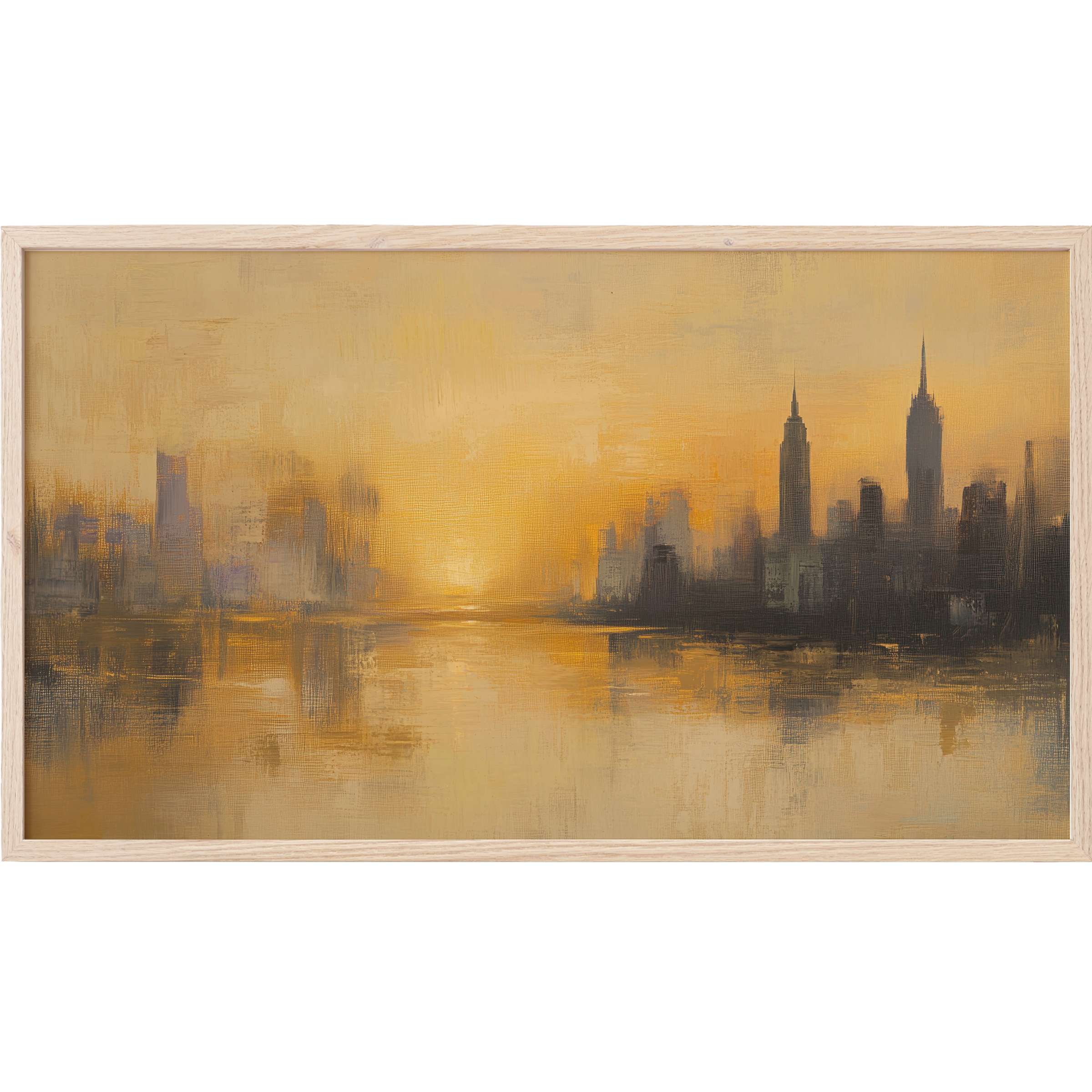 Golden-hued cityscape with hazy silhouettes and reflection, embodying elegant urban Frame TV Art style