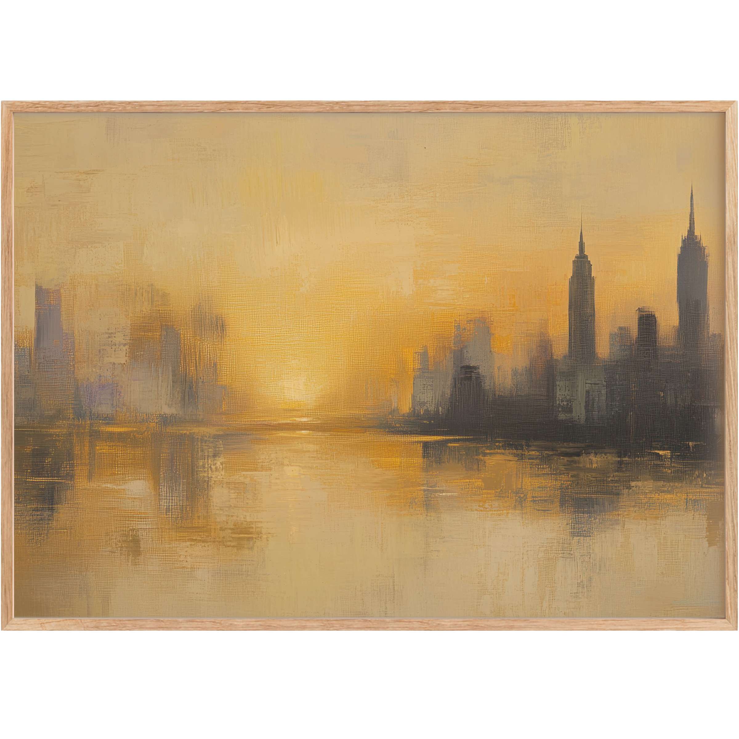Golden-hued urban printable wall art capturing a serene city skyline at sunset, casting a warm, reflective glow