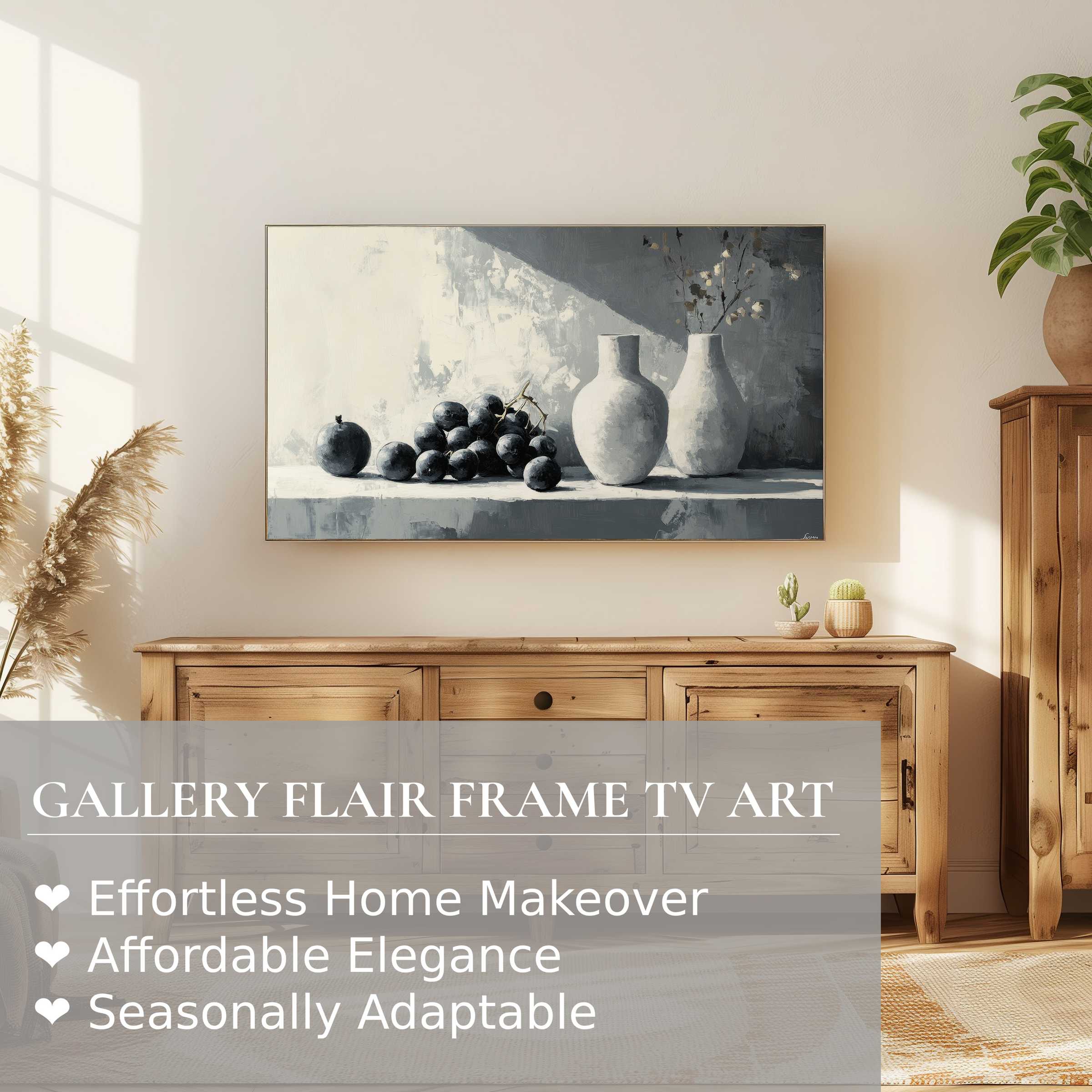 Samsung Frame TV displays neutral digital artwork in a serene room with natural wood and soft light
