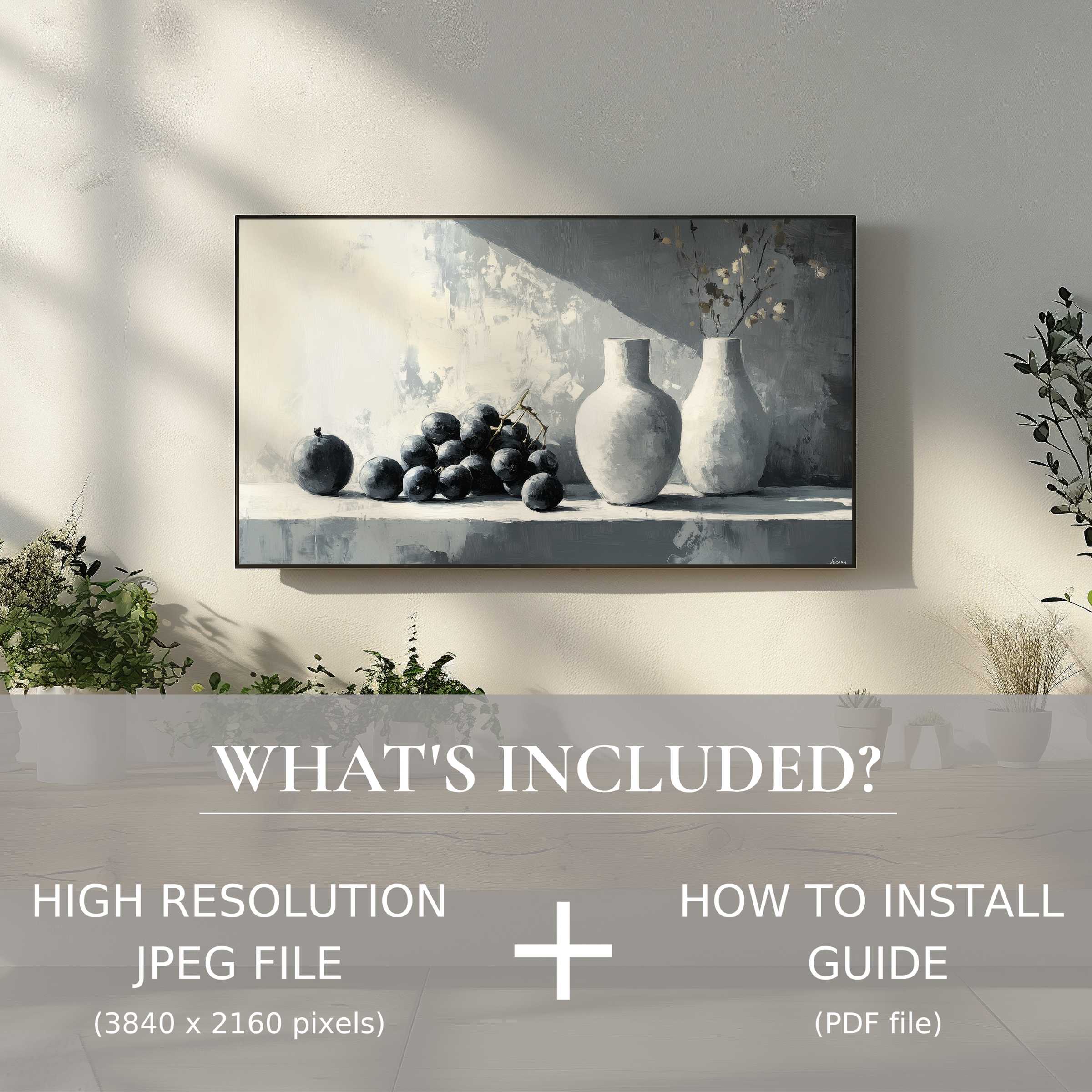 Neutral digital TV art download showcasing elegant still life, enhancing modern spaces with effortless digital use