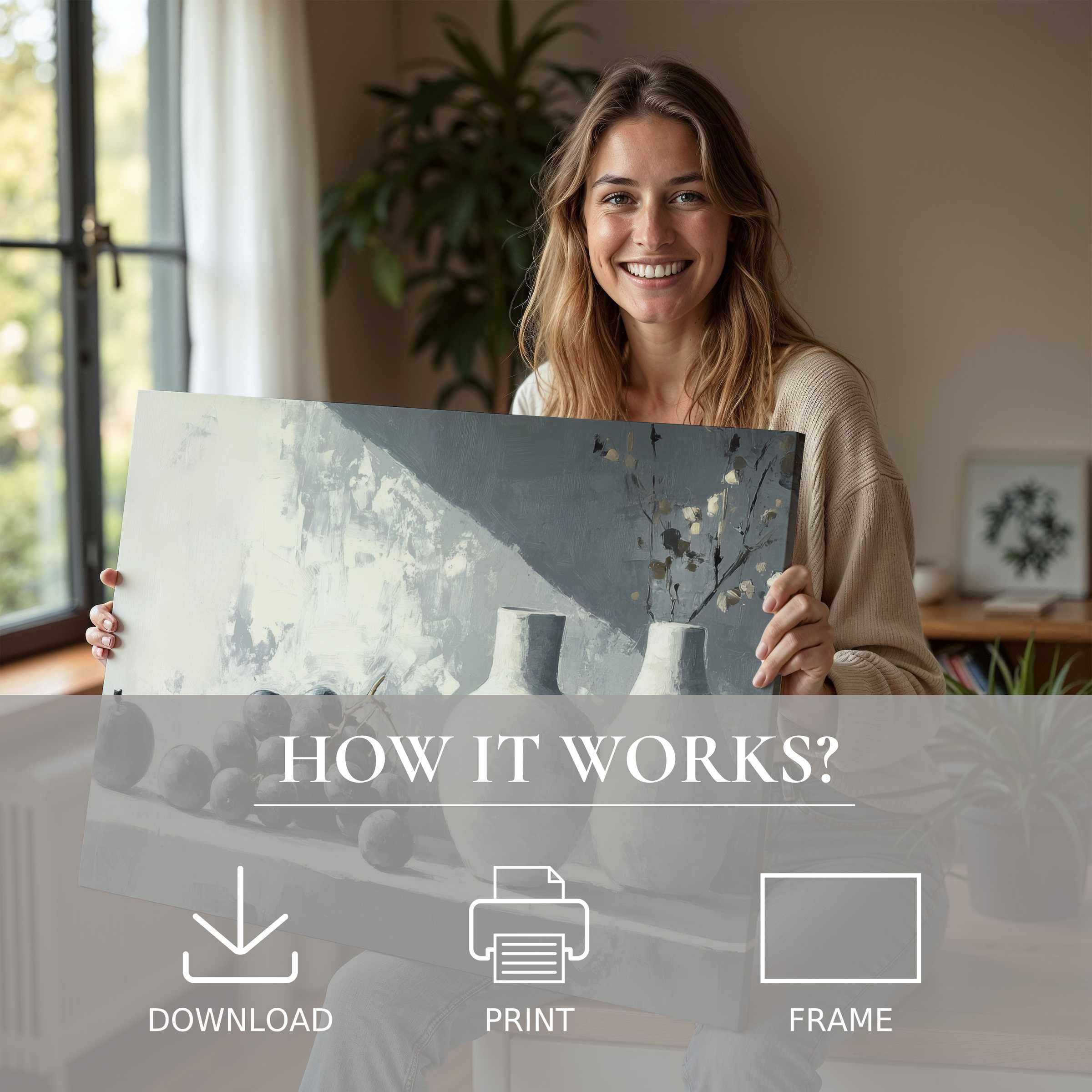 A serene moment of joy captured as a woman shares a neutral digital art print, transforming her modern home with effortless elegance