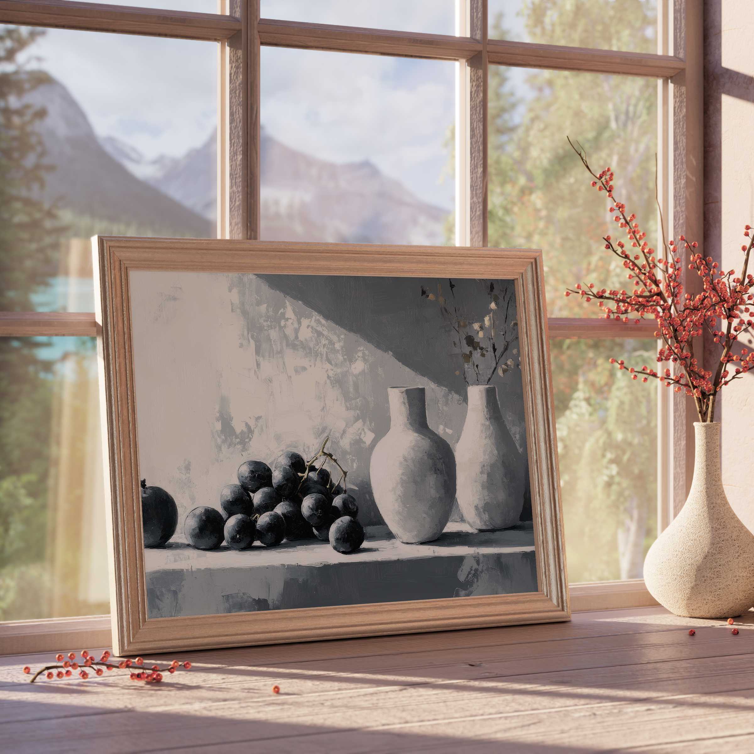 Neutral downloadable art captures serene still life with soft shadows and elegant ceramic vases, elevating tranquil, curated interiors