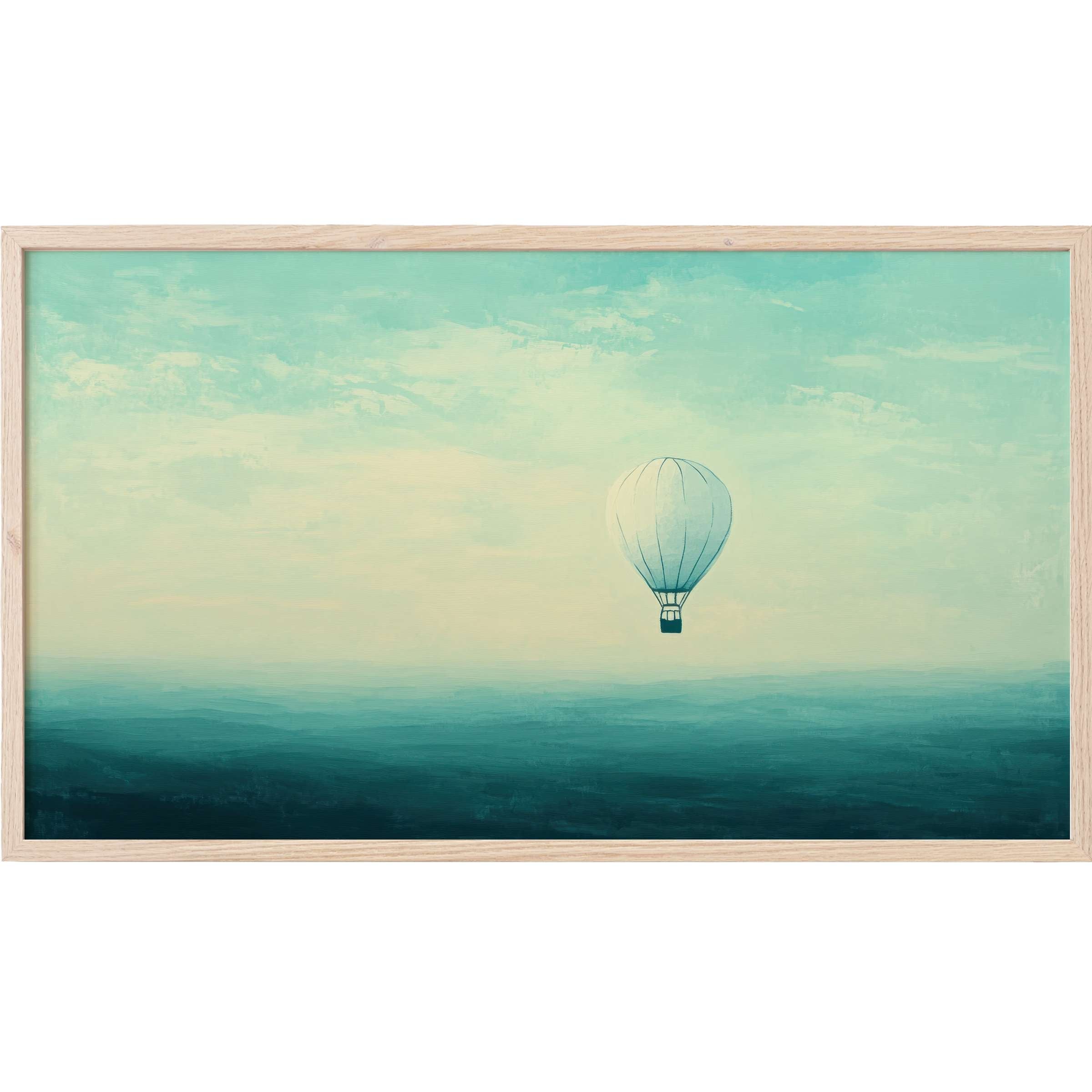Minimalist Frame TV Art of a serene hot air balloon drifting over layered teal and cream horizons in soft brushstrokes