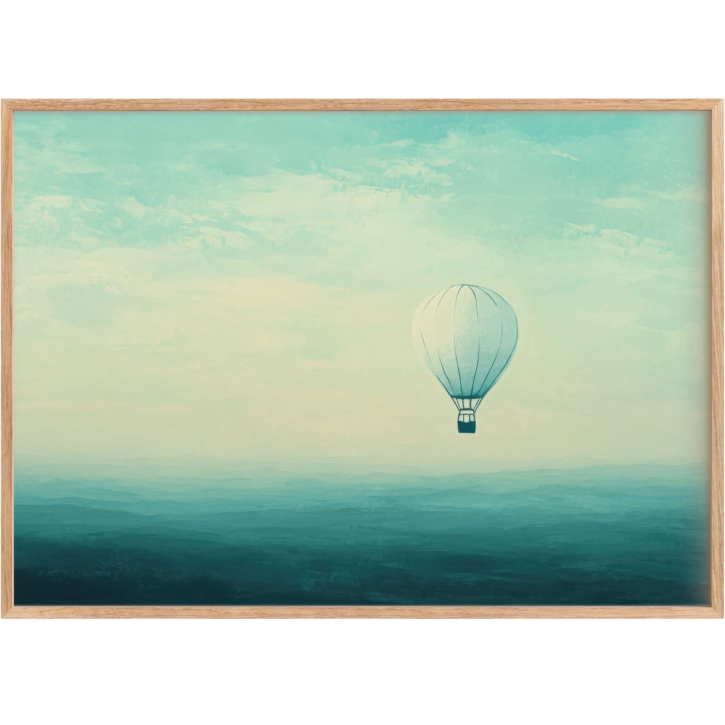 Serene minimalist printable wall art featuring a soft teal hot air balloon drifting above tranquil blue horizons, evoking calm and elegance