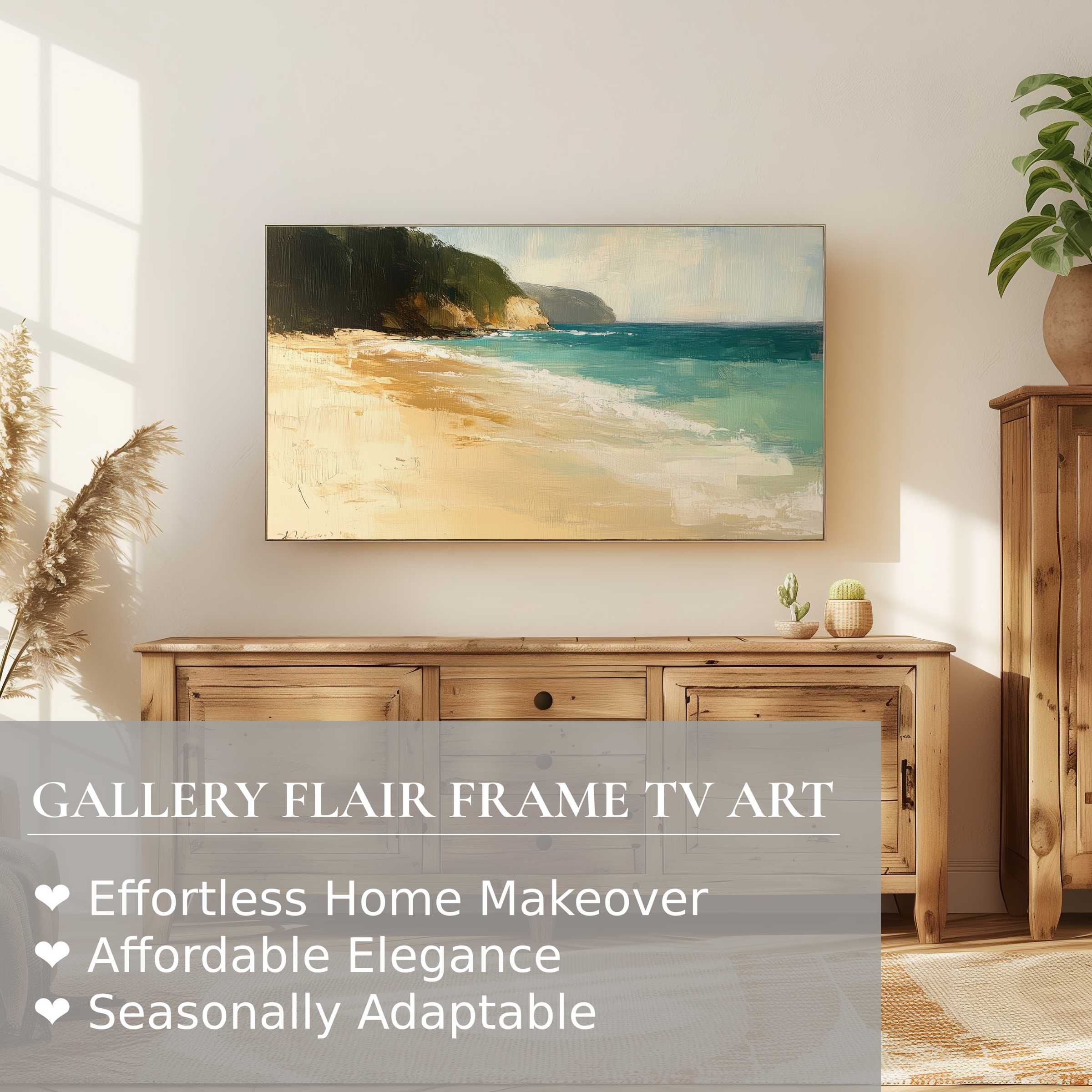 Samsung Frame TV displaying serene beach digital artwork in a bright, modern living room with natural wood accents