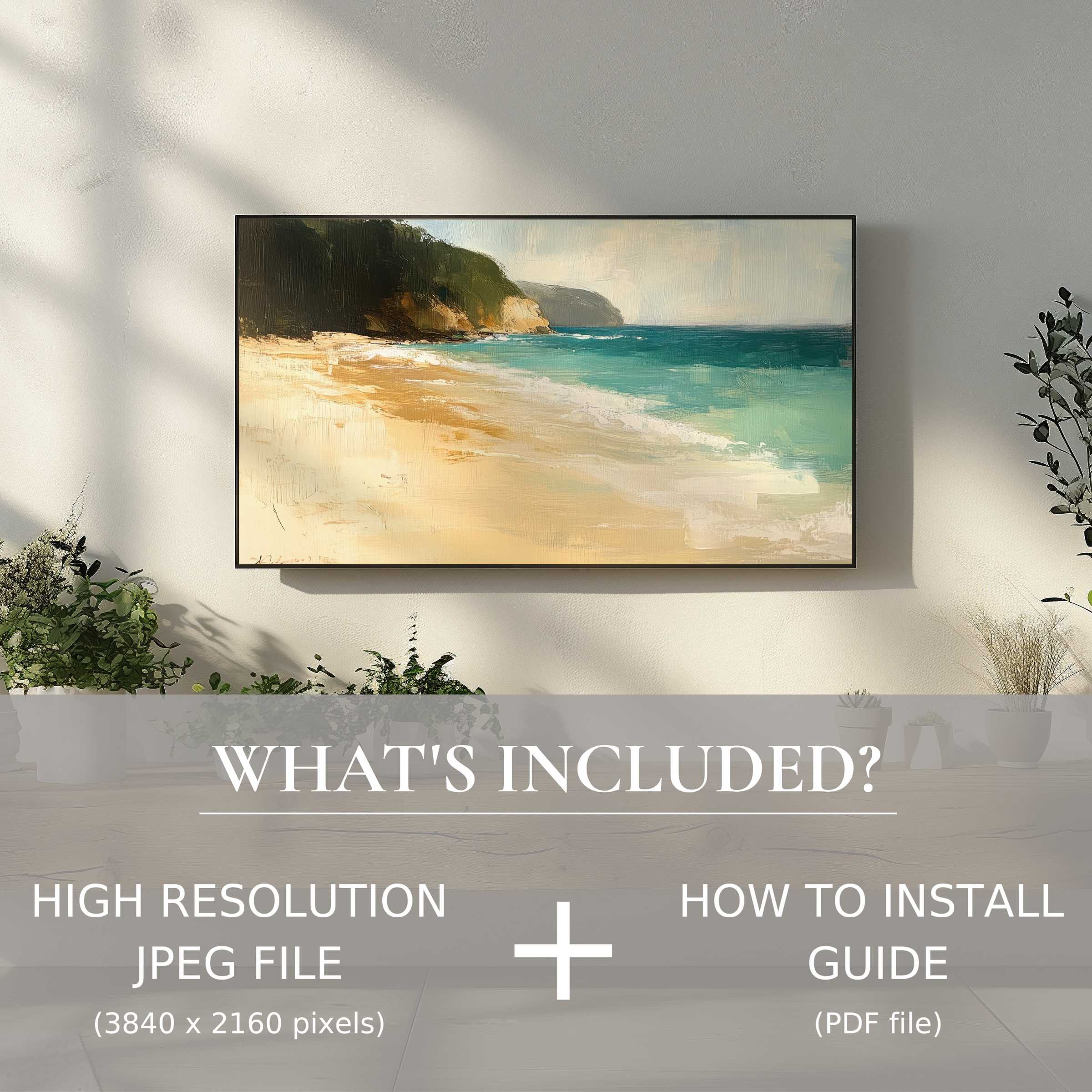 Elegant beach digital TV art download for easy use, enhancing modern living spaces with serene coastal beauty