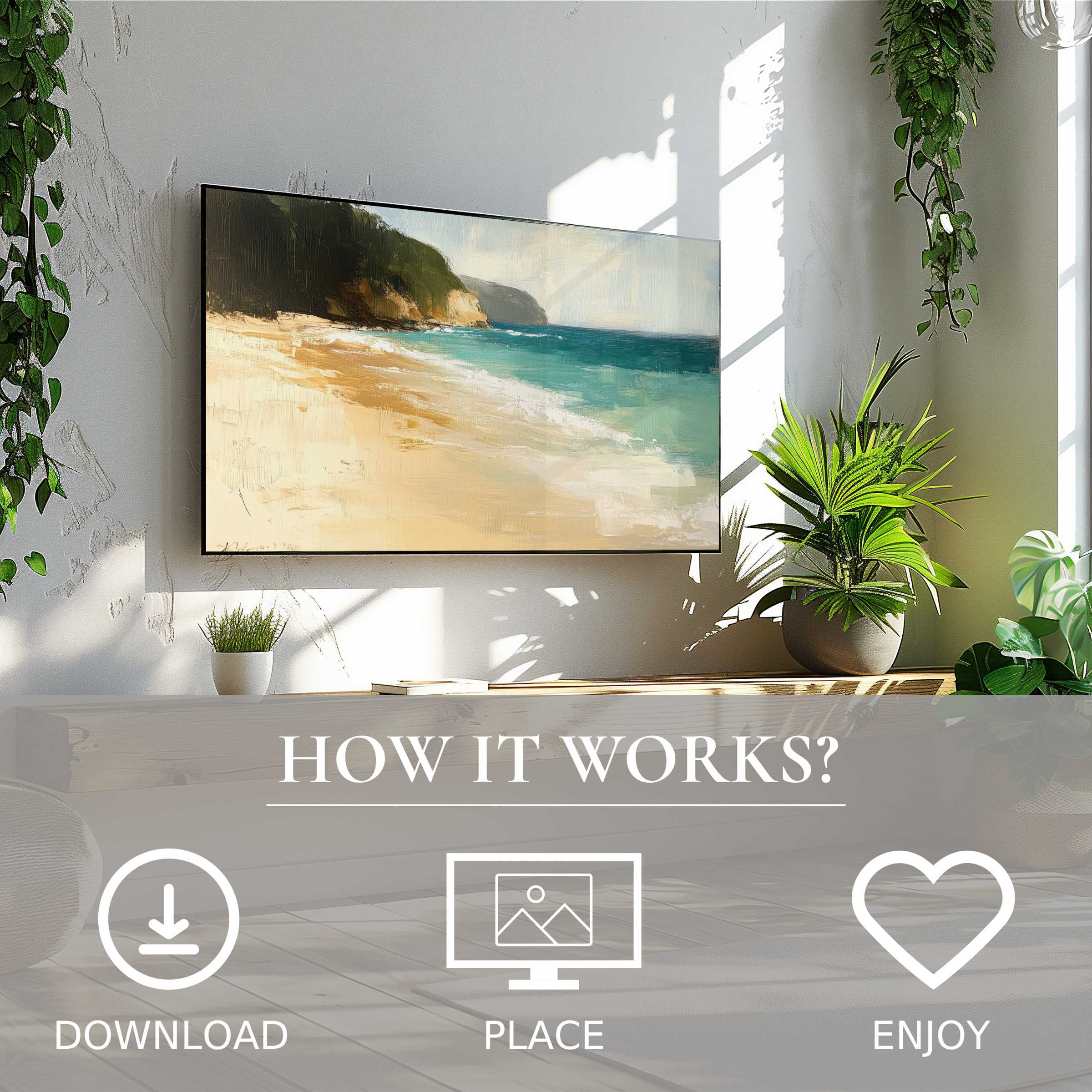 Modern living room with beach art for Samsung TV showing soft sunset tones; simple digital download enriches space
