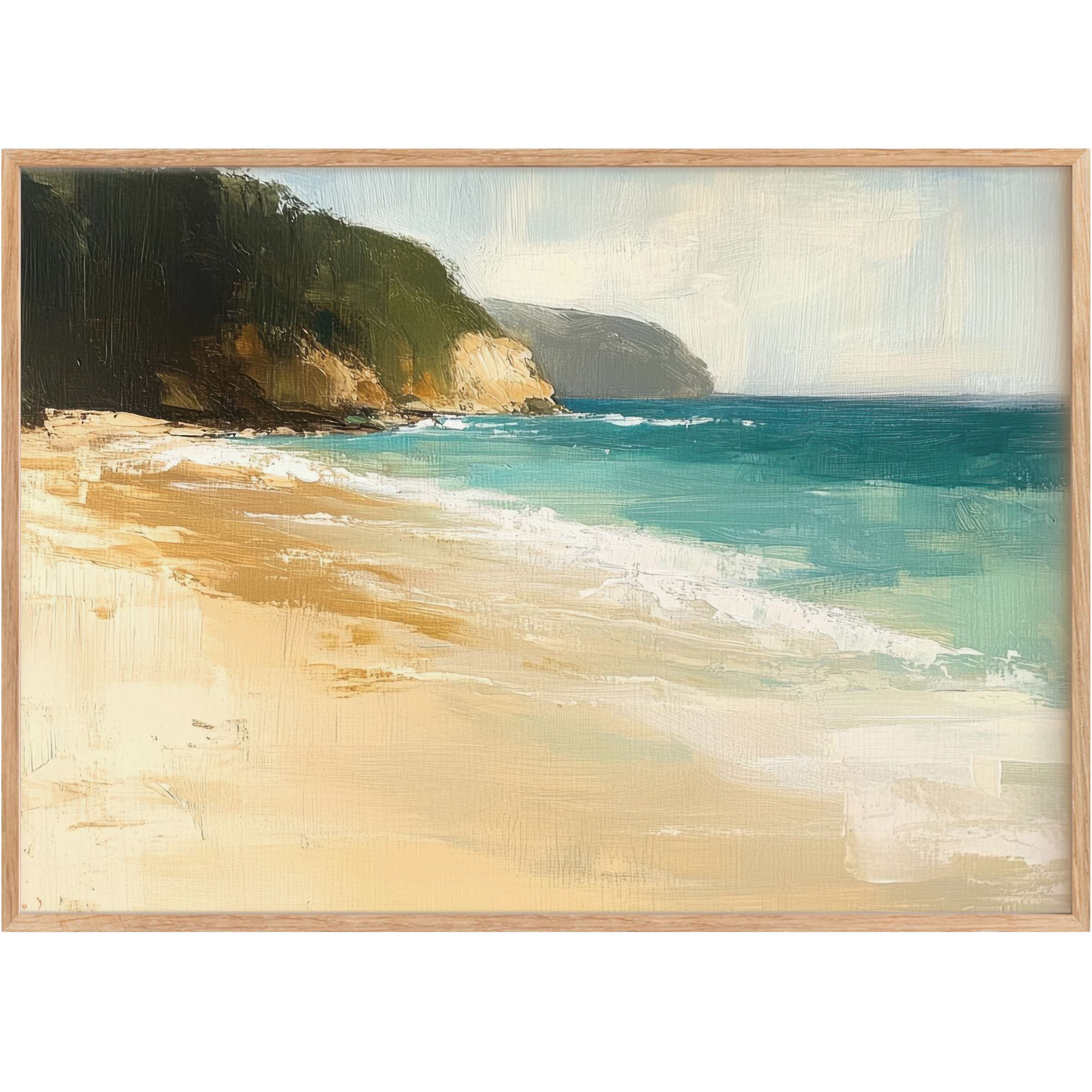 Serene beach printable wall art capturing sunlit sands and turquoise waves, inspiring calm and natural elegance in chic interiors