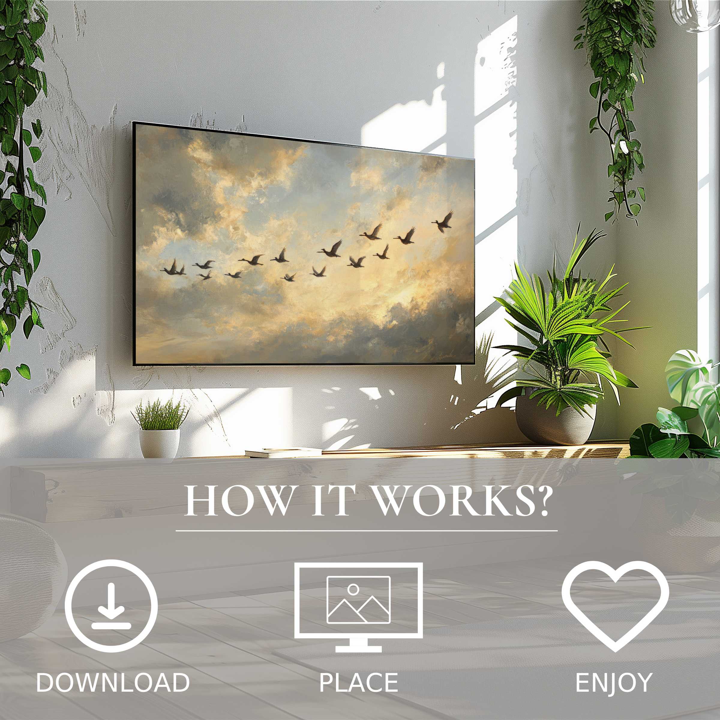 Vintage art for Samsung TV shows soft sunset tones with birds in flight, easy digital download enriches any modern space
