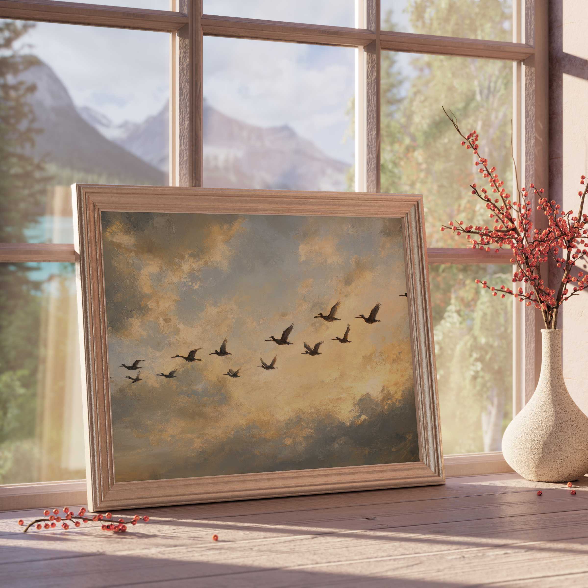 Vintage downloadable art capturing a tranquil sky with flying birds, perfect for elegant, serene, nature-inspired interiors
