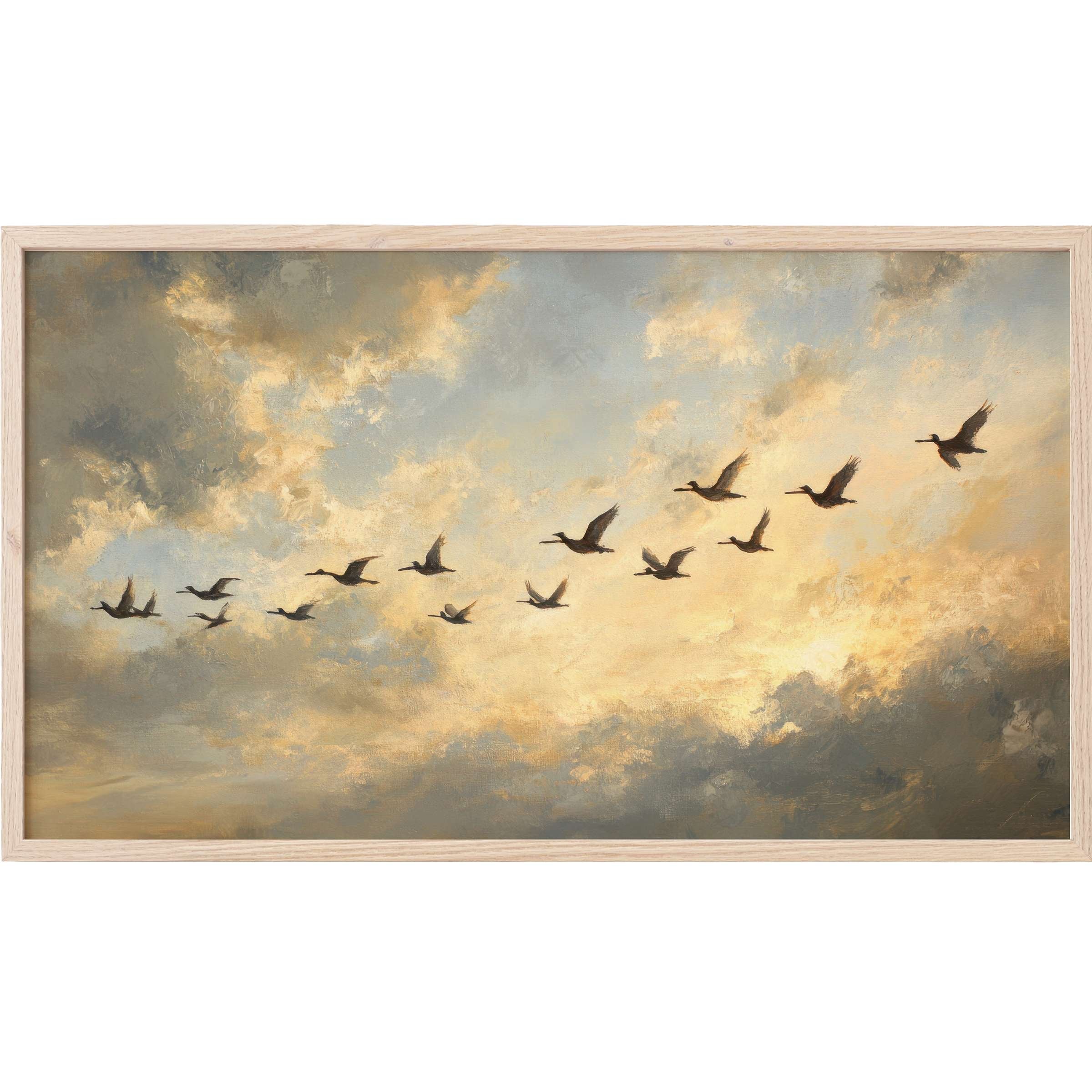 Vintage Frame TV Art depicting graceful birds in flight against a soft, muted sunset sky with elegant brushstrokes
