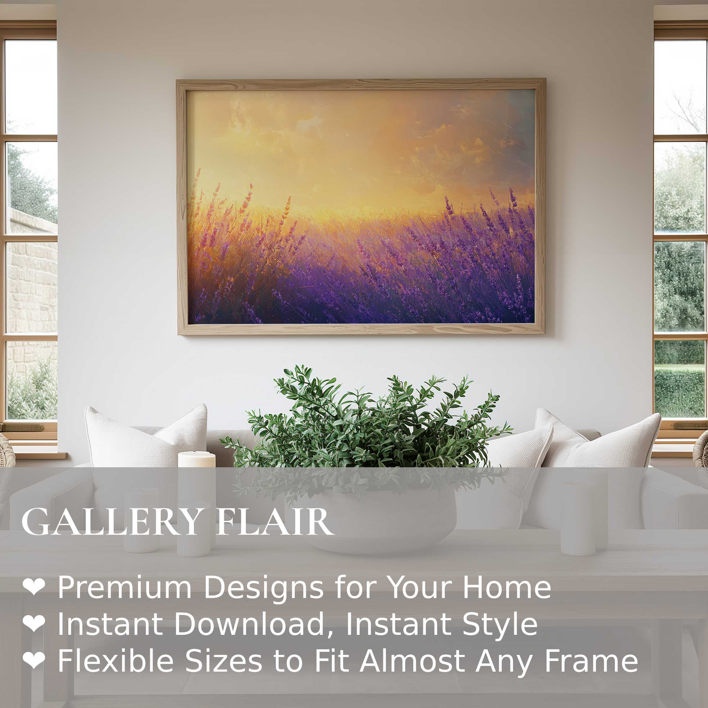 Summer wall art print featuring radiant lavender fields at sunset, enhancing modern minimalist interiors with warm, calming elegance