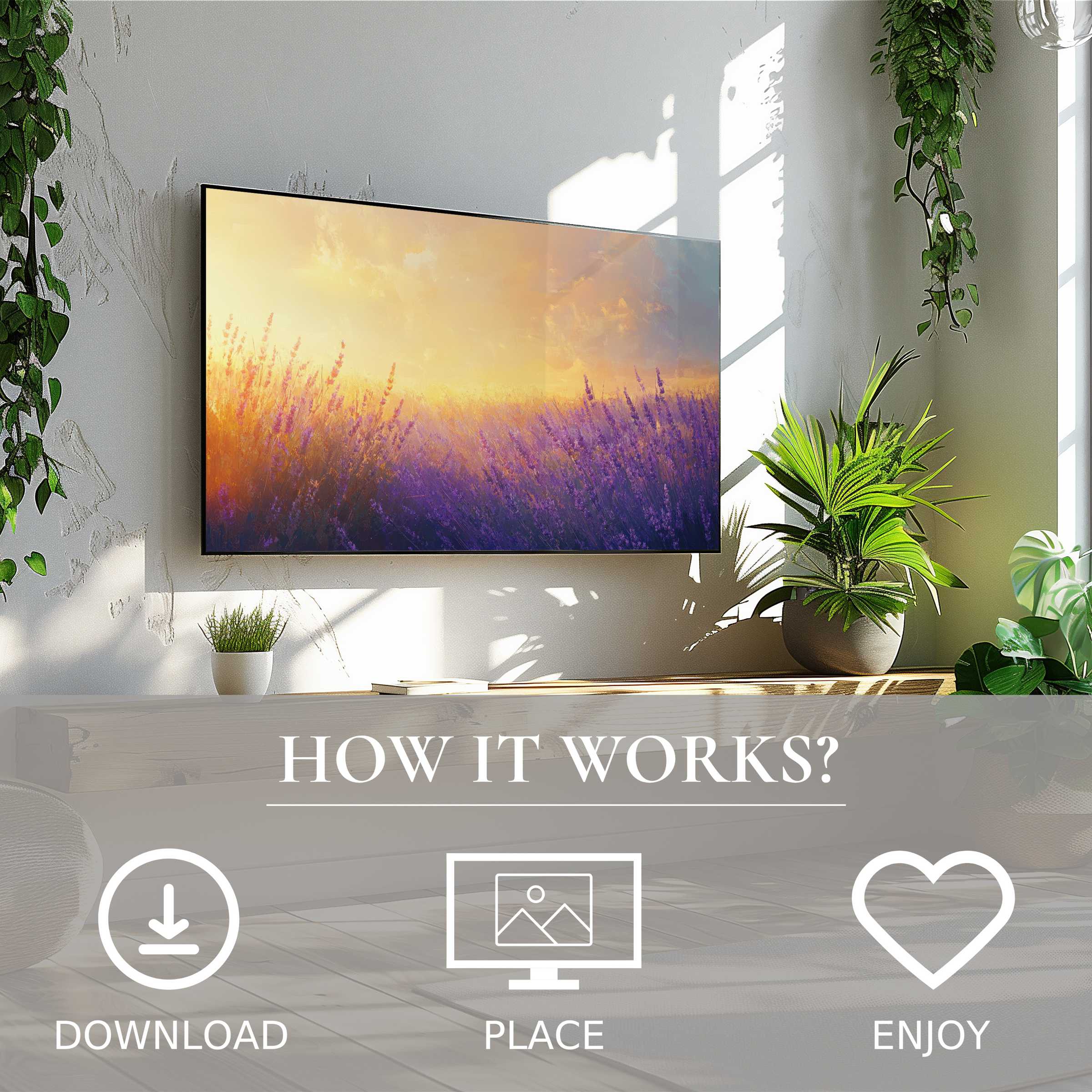 Summer art for Samsung TV: easy digital download with soft sunset tones brightens modern living spaces beautifully