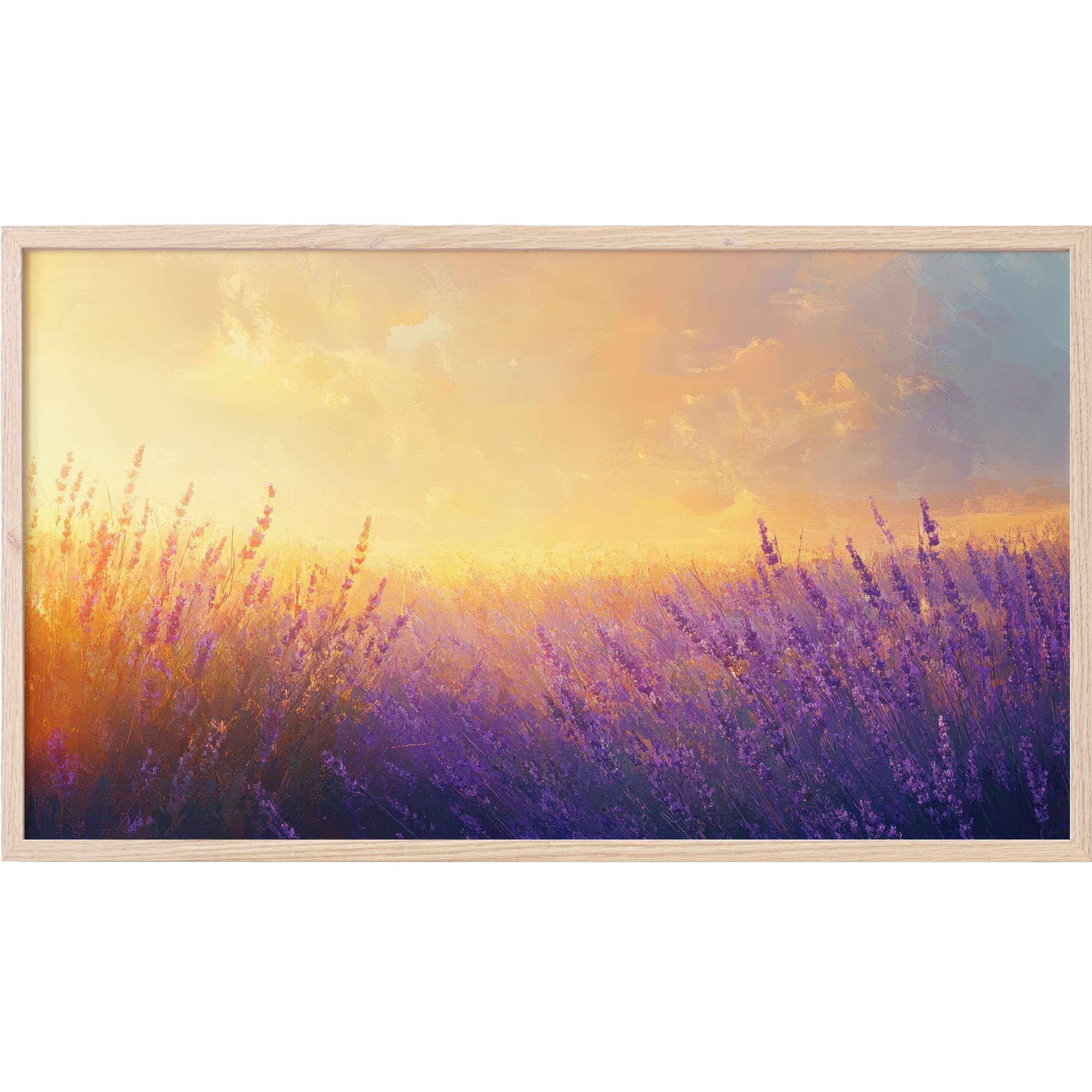 Summer Frame TV Art with glowing golden sky and vibrant purple lavender fields in a soft, impressionistic style