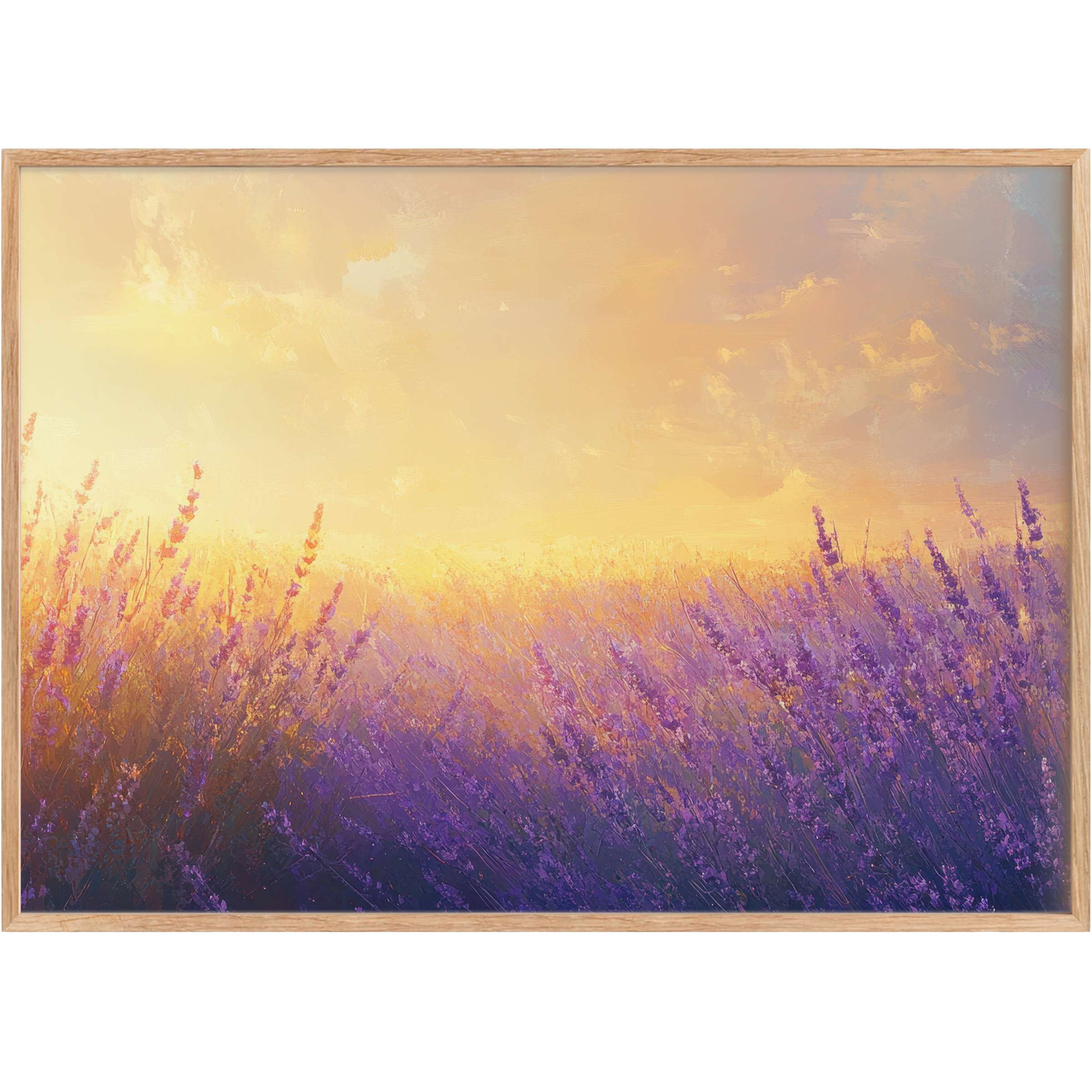 Radiant summer printable wall art capturing golden light over a lavender field, evoking warmth and serene elegance