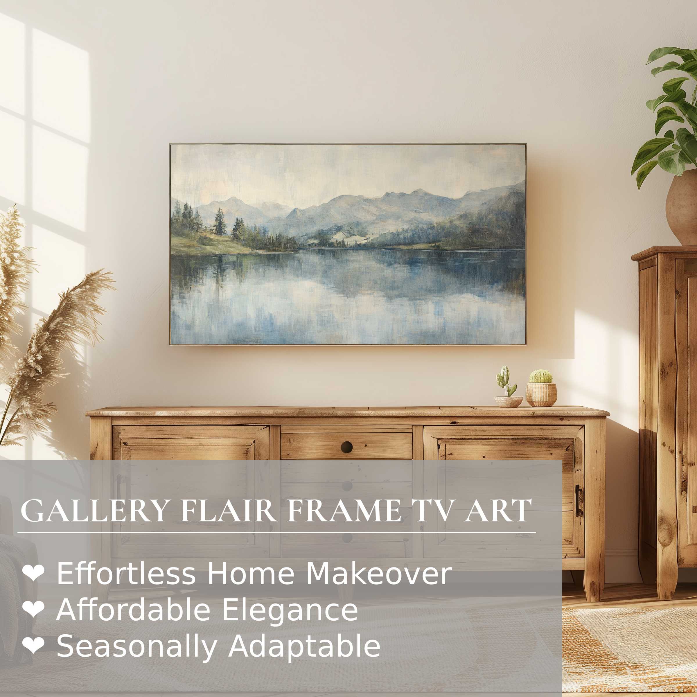 Samsung Frame TV displays serene, muted landscape digital artwork in an elegant, warm-toned living space